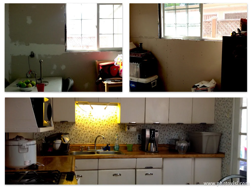 BEFORE: The kitchen walls were a combination of unfinished drywall and peeling wallpaper 