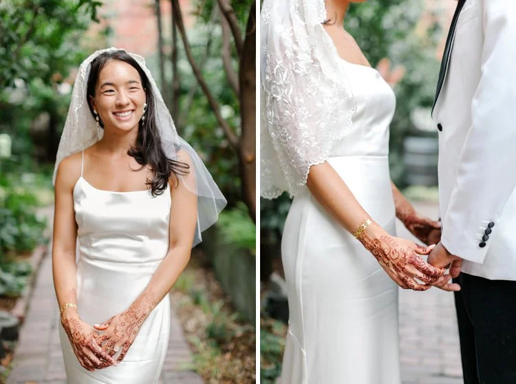 The Corson Building wedding with a bride wearing a lace cape, and a groom in a white tuxedo.