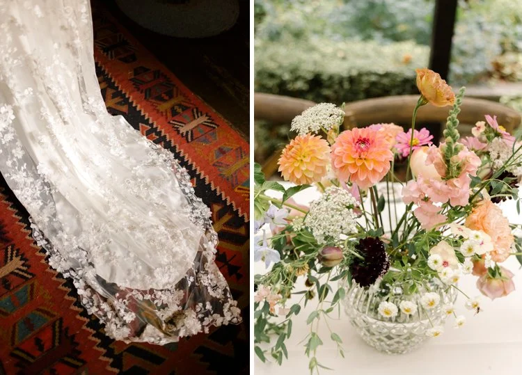 The Corson Building wedding with a bride wearing a lace cape, and a groom in a white tuxedo.