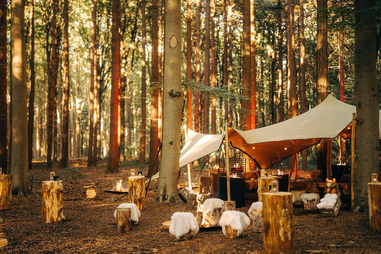 tent met verwarmingselementen in bos