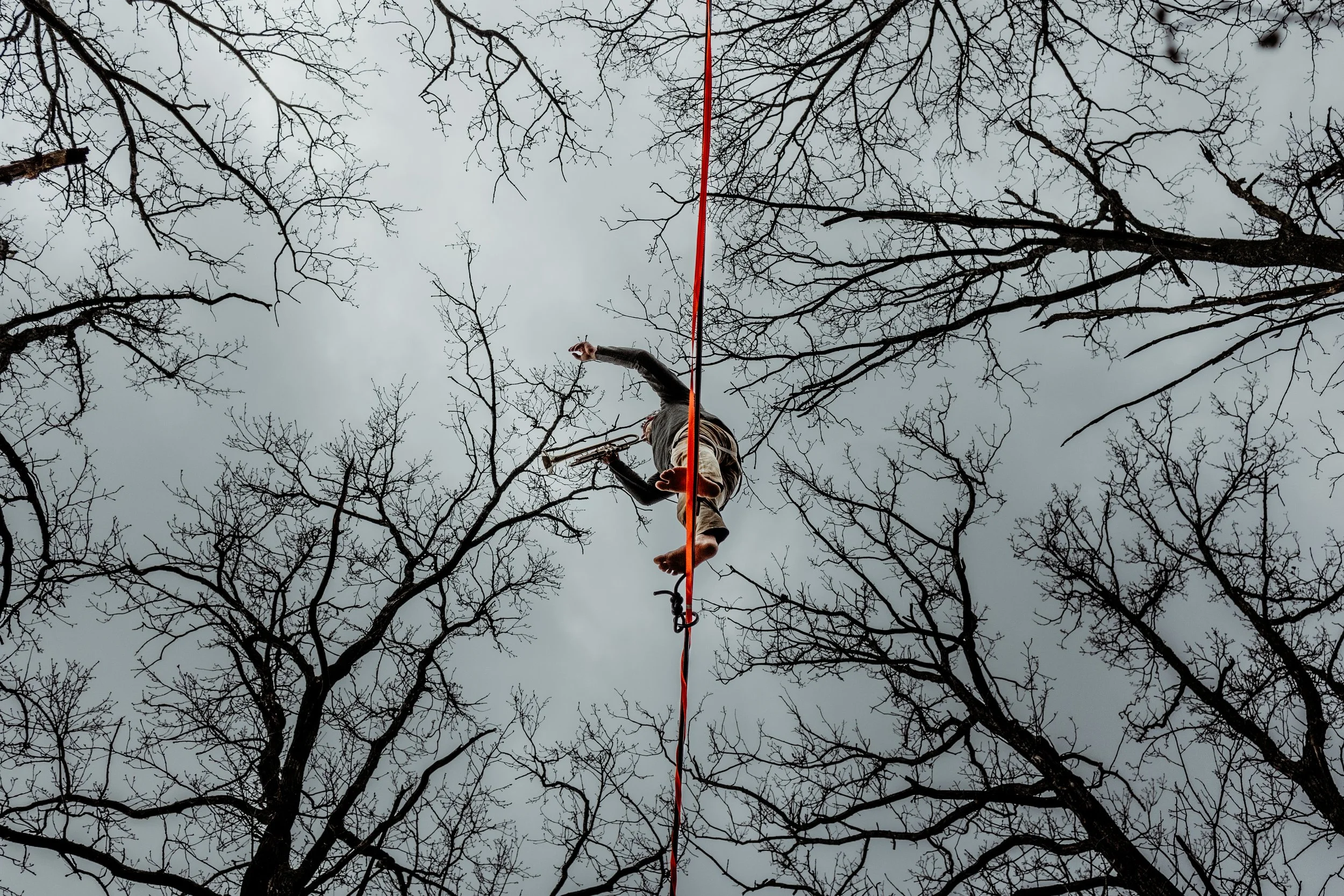 muzikant op hoogte tijdens een outdoor woodland event