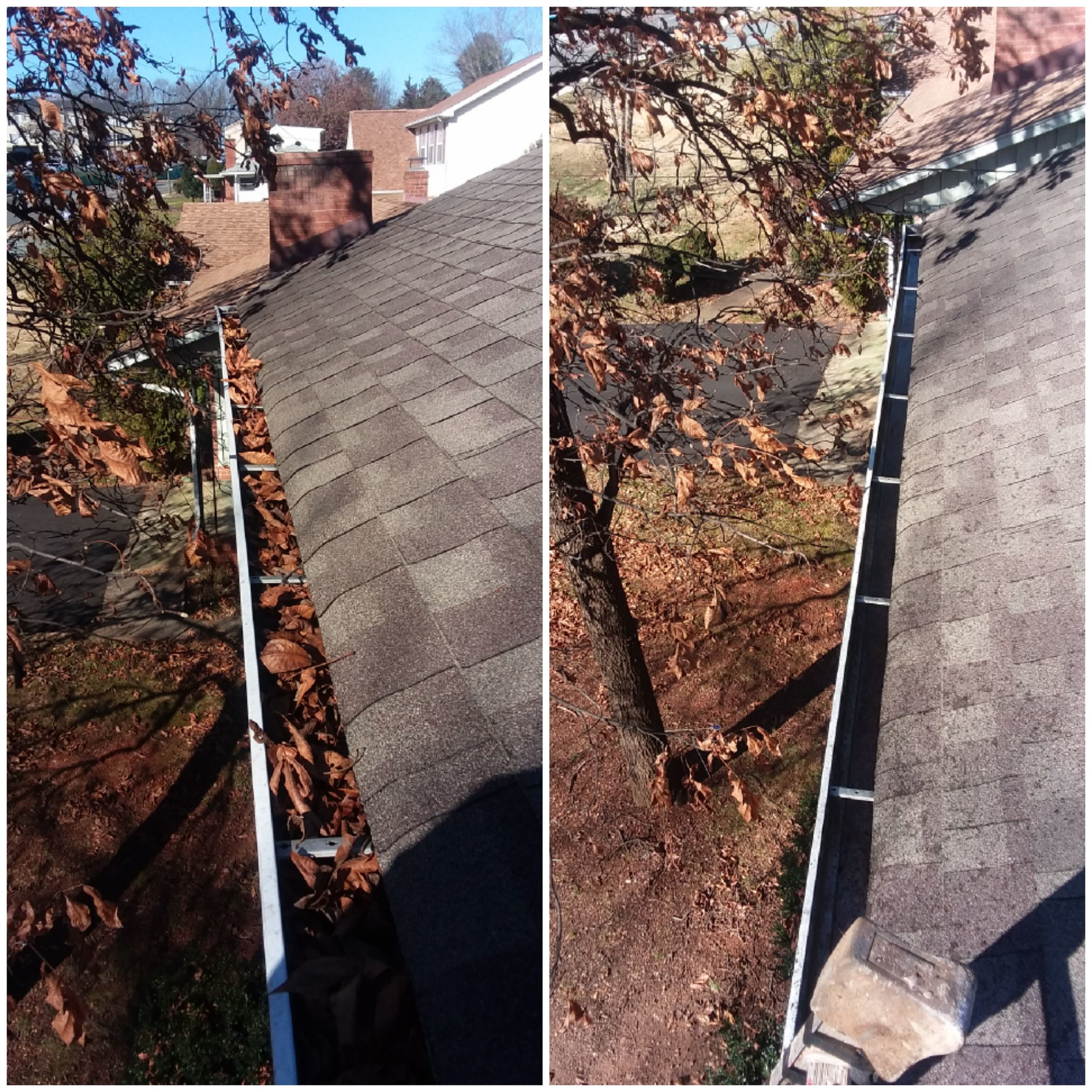 Image from the roof in Charlottesville showing a clogged gutter full of leaves next to an image of a gutter that is clean and ready for water flow.