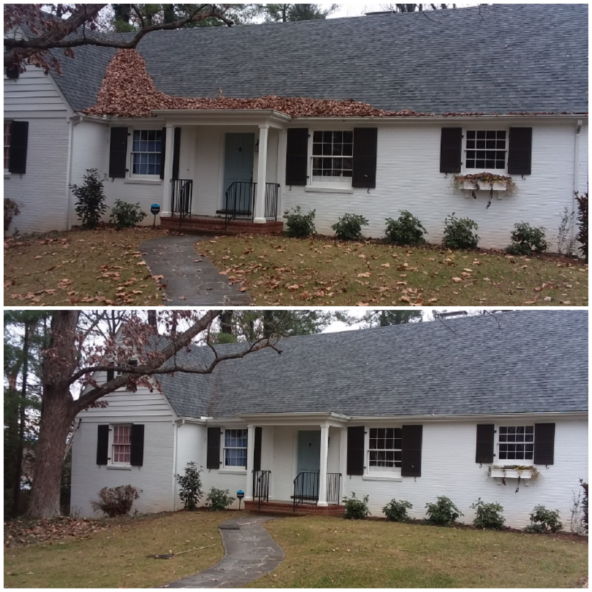 Image of before and after comparison of a house with leaves on the roof and clogged gutters alongside the house with clean roof and gutters in Charlottesville VA