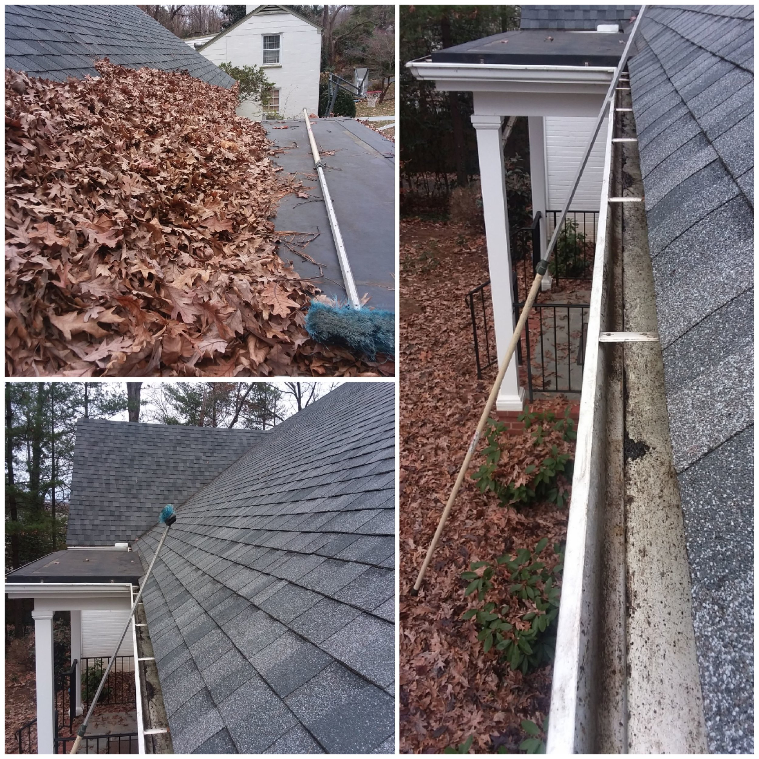 Image collage of leaves on roof and in gutters showing before and after when they're cleaned and unclogged.