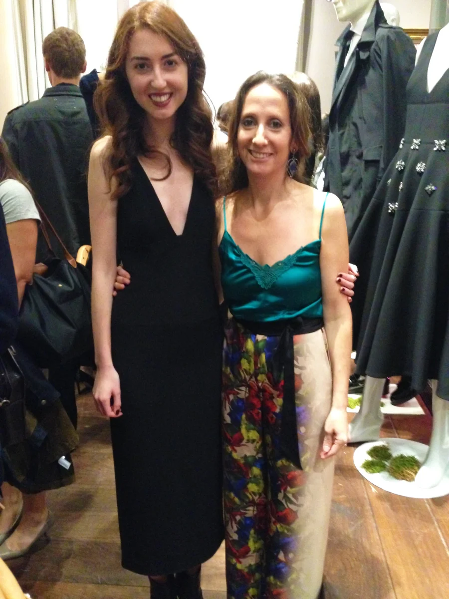 Isabella wore a Ports1961 black dress with a deep V and I wore Ports1961 floral pants accessorized with Rhodium sapphire and diamond earrings and a killer sapphire palm cuff (available at Sola Showroom ).