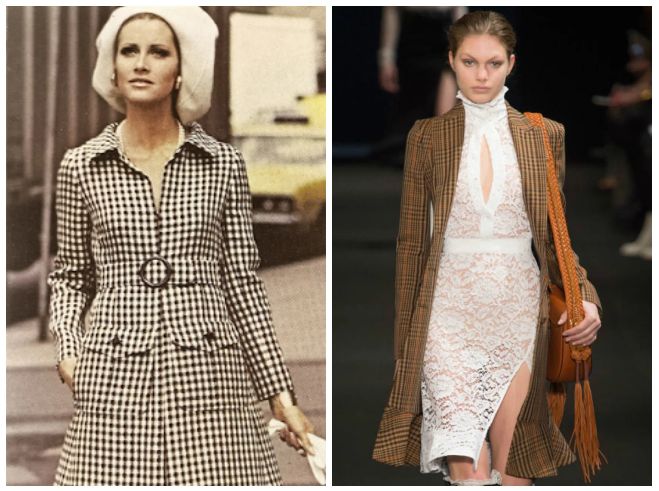 From left to right: Houndstooth dress by James Galanos featured in the Spring 1970 edition of V ogue and Altuzarra's collection for New York Fashion Week, Fall 2015.