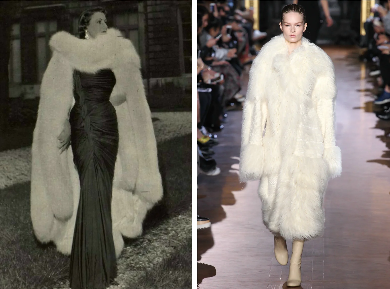 From left to right: Maggy Rouff in 1949 wearing a fur cape, and the Stella McCartney collection at Paris Fashion Week, Fall 2015.