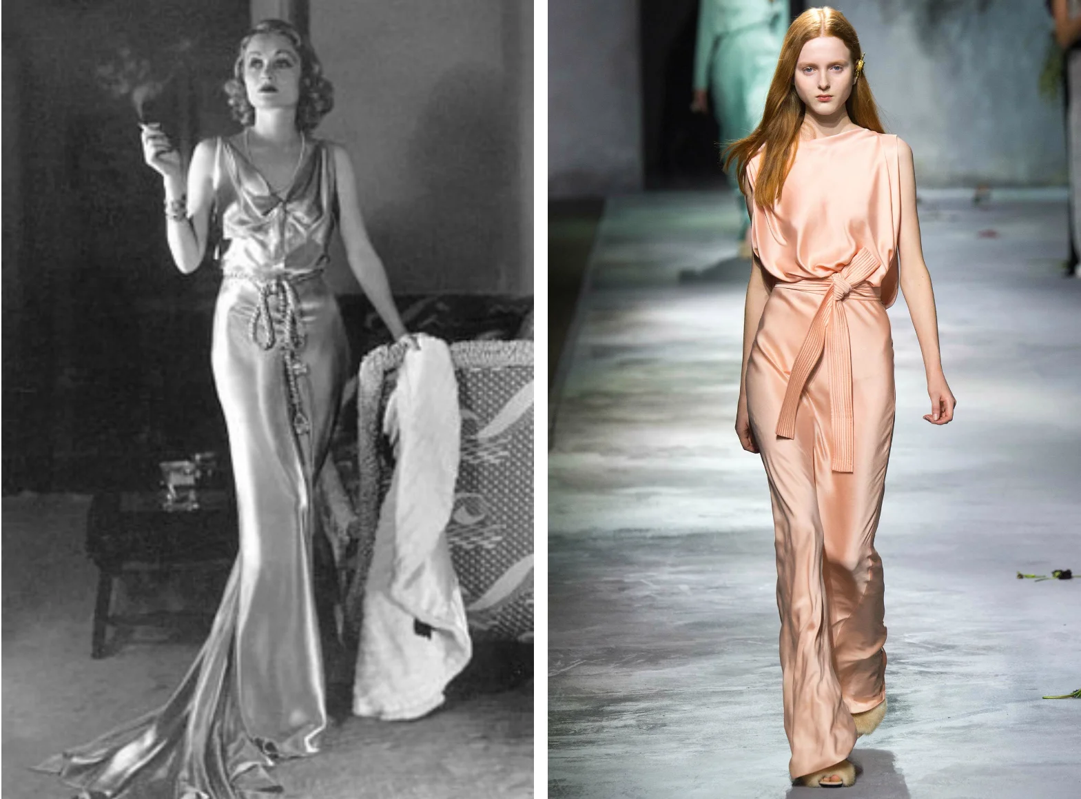 From left to right: Jean Patou in early 1930s wearing a boudoir inspired gown, and the Vionnet collection at Paris Fashion Week, Fall 2015.