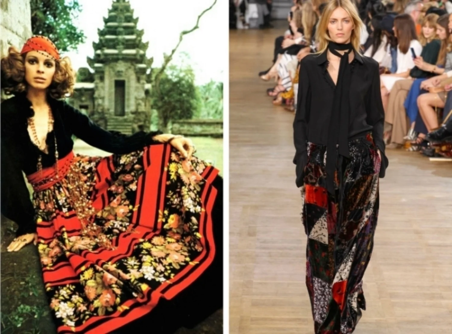 From left to right: P atterned skirt by Norma Tullo featured in Vogue Australia, June - July 1970, and the Chloé collection at Fashion Week, Fall 2015.