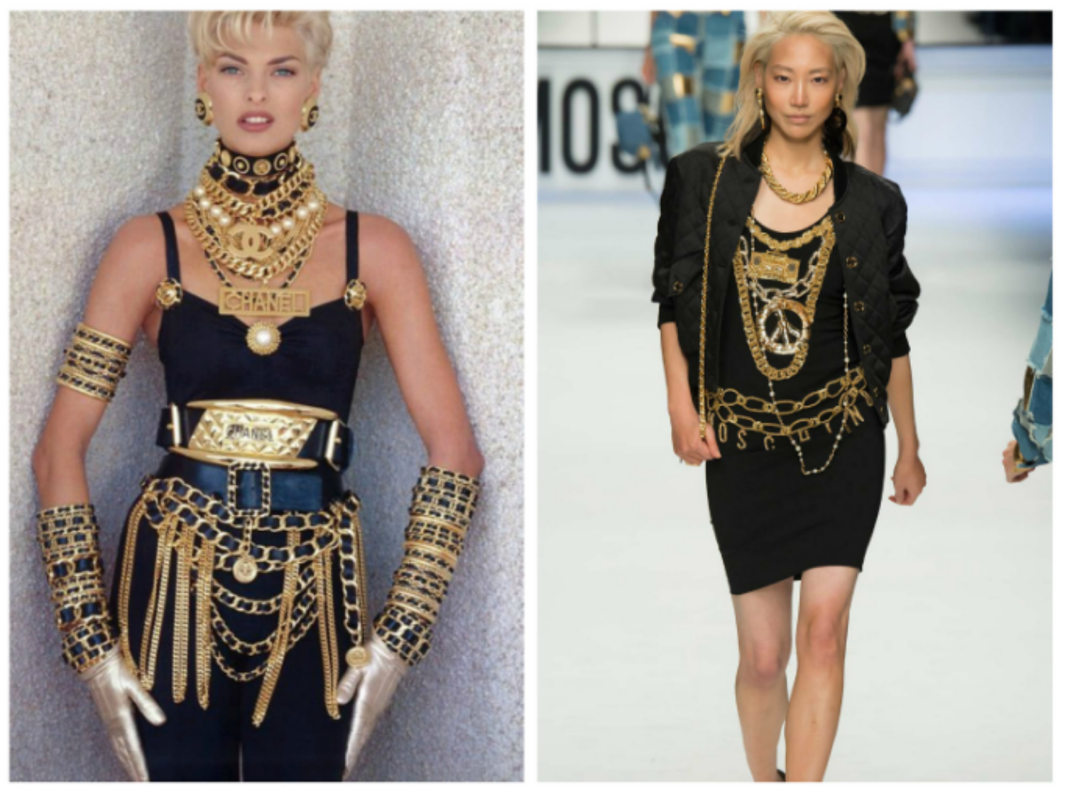 From left to right: Linda Evangelista wearing Chanel in 1990, and the Moschino collection at Milan Fashion Week, Fall 2015.