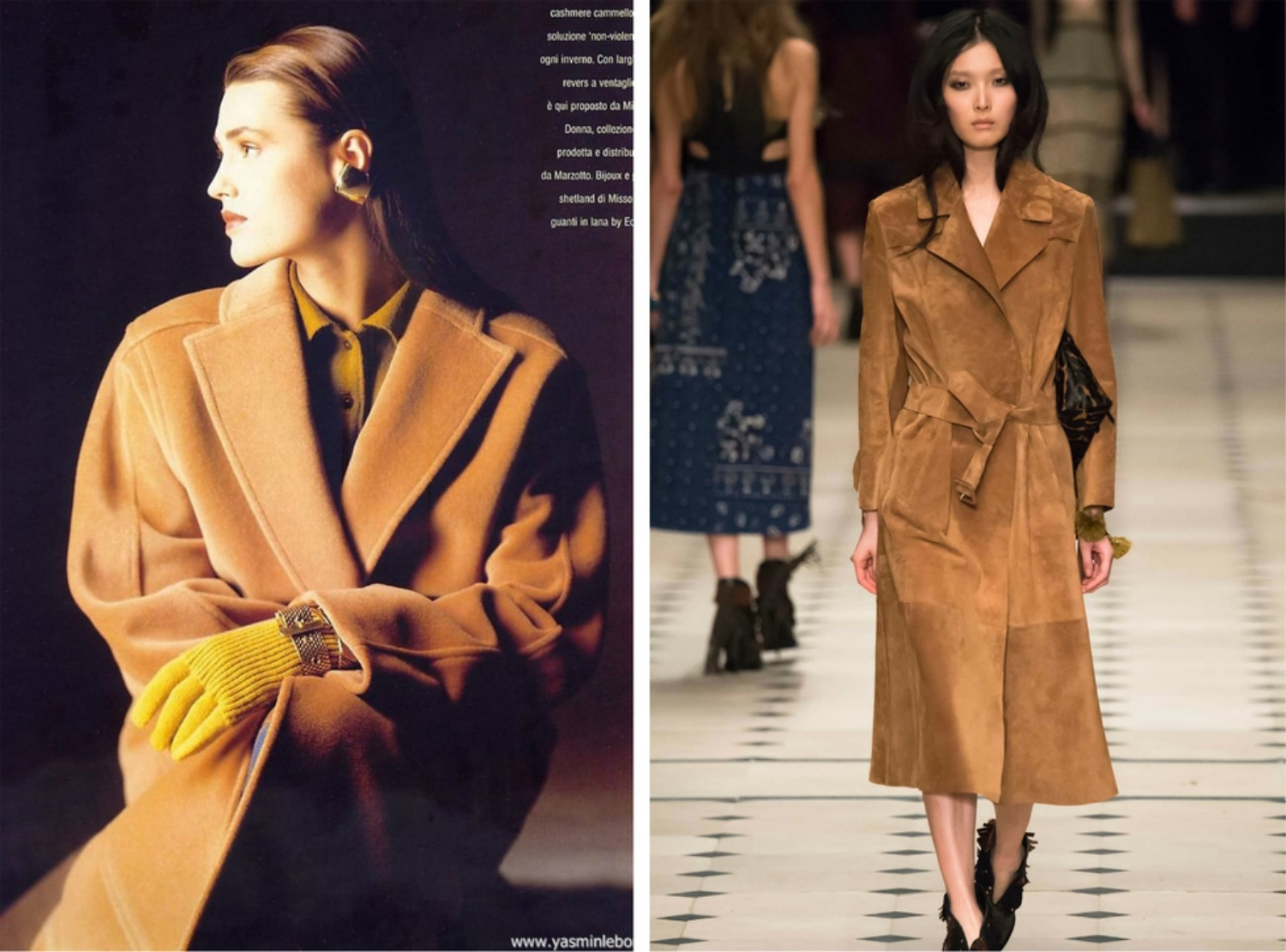 From left to right: Camel coat featured in the 1982 Donna Missoni collection, and Burberry Prorsum’s collection for London Fashion Week, Fall 2015.