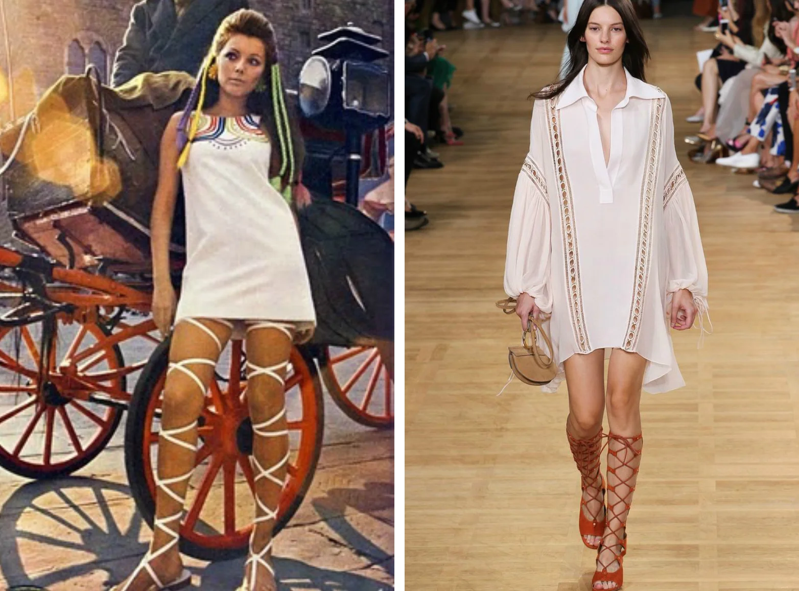 From left to right: Mini dress by John Bates, w orn with thigh-high lace-up gladiator sandals, for British, 'Vogue’ magazine 1967, and the Chloé Spring 2015 Ready-to-Wear Collection.