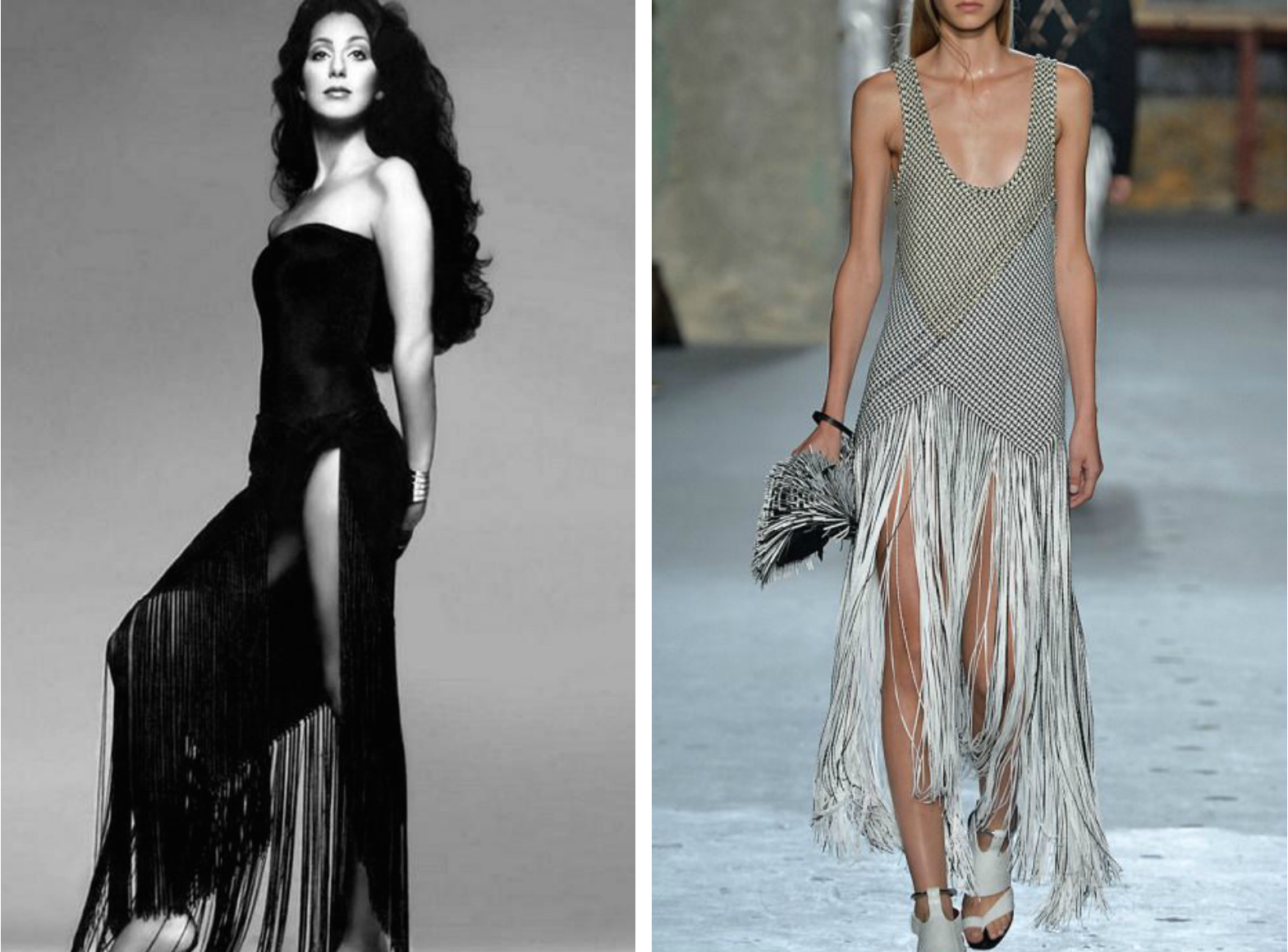 From left to right:&nbsp;Cher in 1972 wearing a black dress with a fringed skirt, and the Proenza Schouler Spring-Summer 2015 trunkshow.