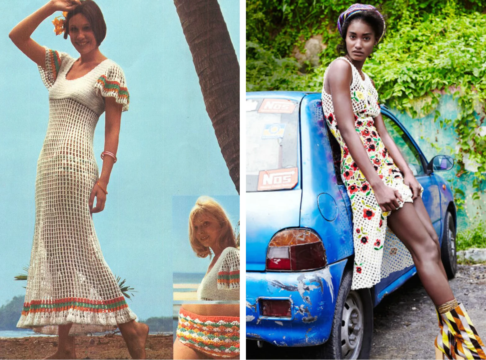 From left to right: Vintage 1970s crochet open work maxi dress with flare sleeves, and crochet silk dress by Oscar de la Renta featured in the March 2015 edition of Elle Magazine.