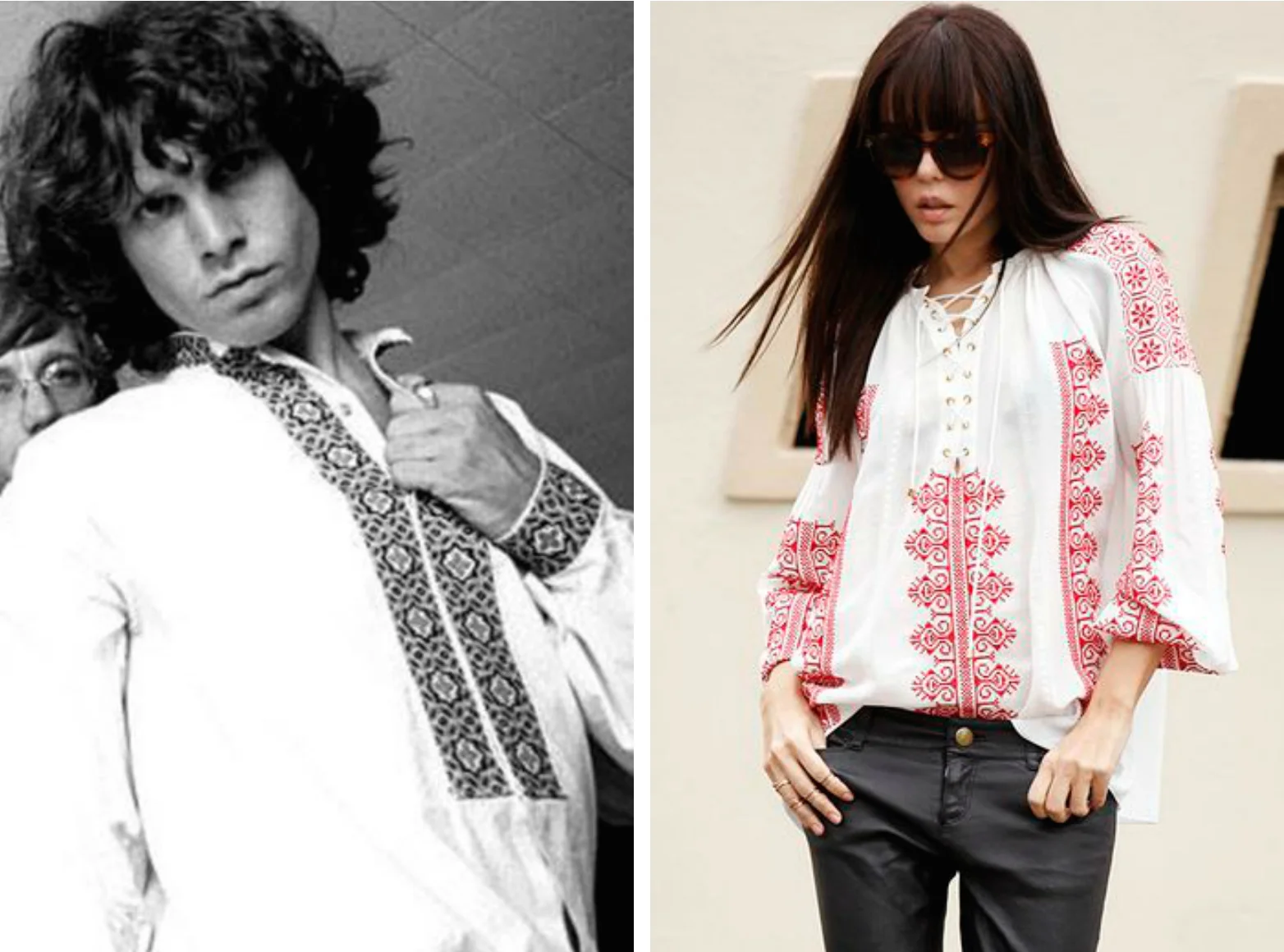 From left to right: Jim Morrison in 1968 wearing a peasant top, and an Altuzarra peasant top for womenswear.
