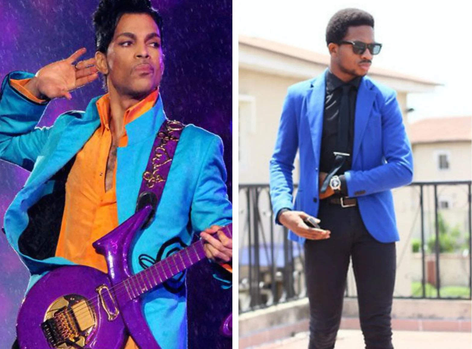 From left to right: Prince wearing a bright blue suit jacket while preforming his song “Purple Rain,” and a n eon blue blazer by Orange Culture.