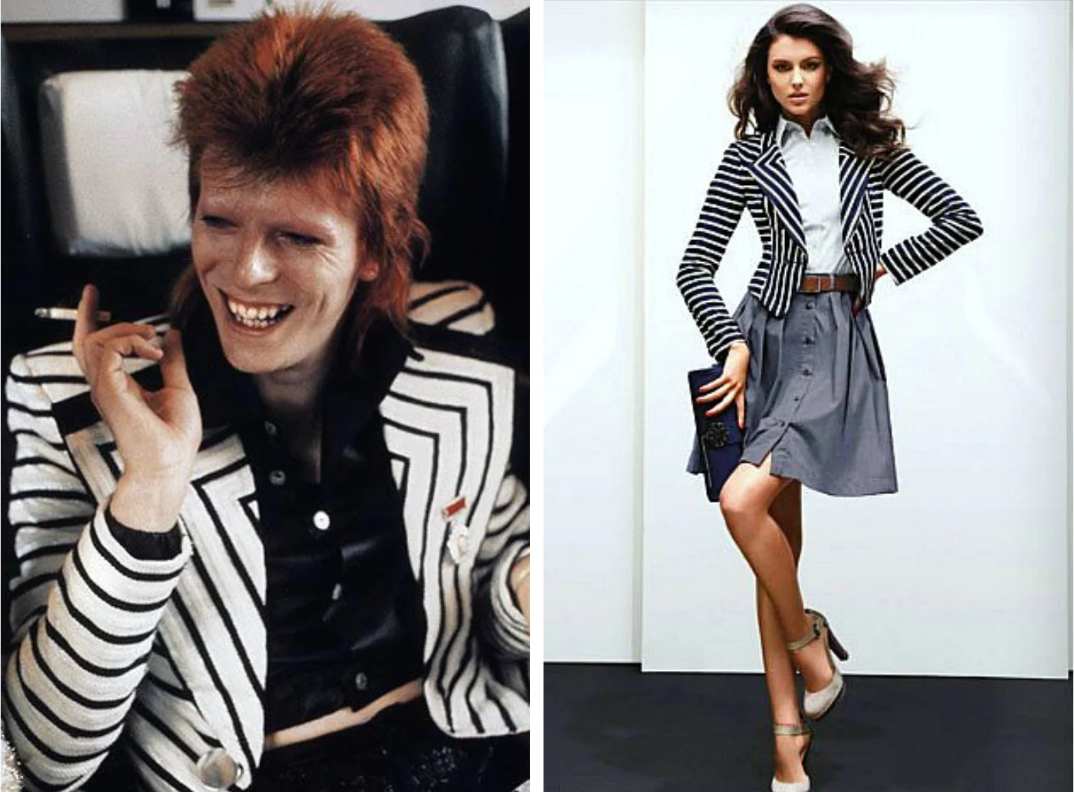 From left to right: David Bowie as Ziggy Stardust in 1970 wearing a Kansai Yamamoto suit jacket , and a black and white suit jacket featured in street style for womenswear.