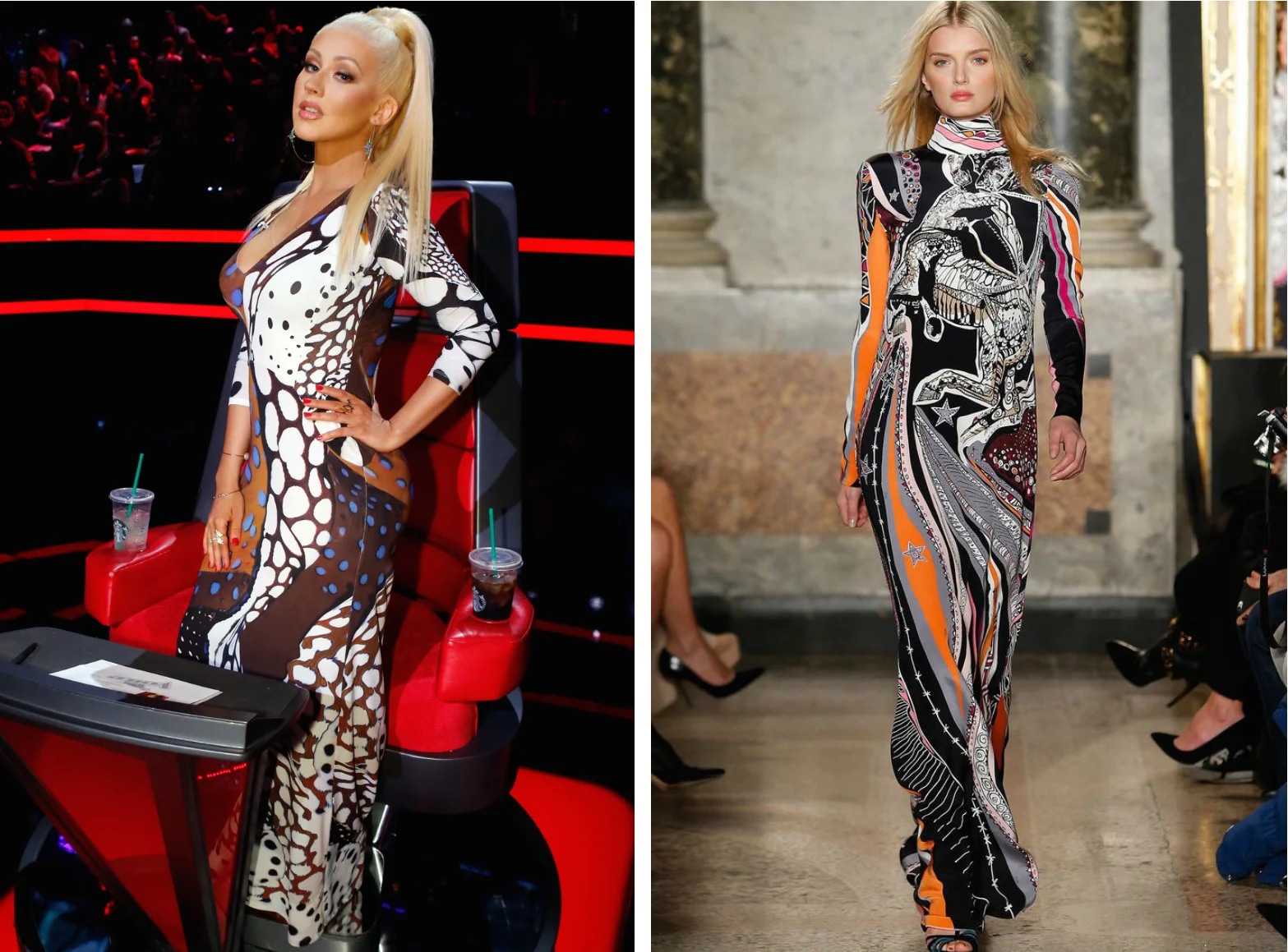 From left to right: Christina Aguilera wearing a printed max dress on The Voice, and the Emilio Pucci Fall 2015 Collection.