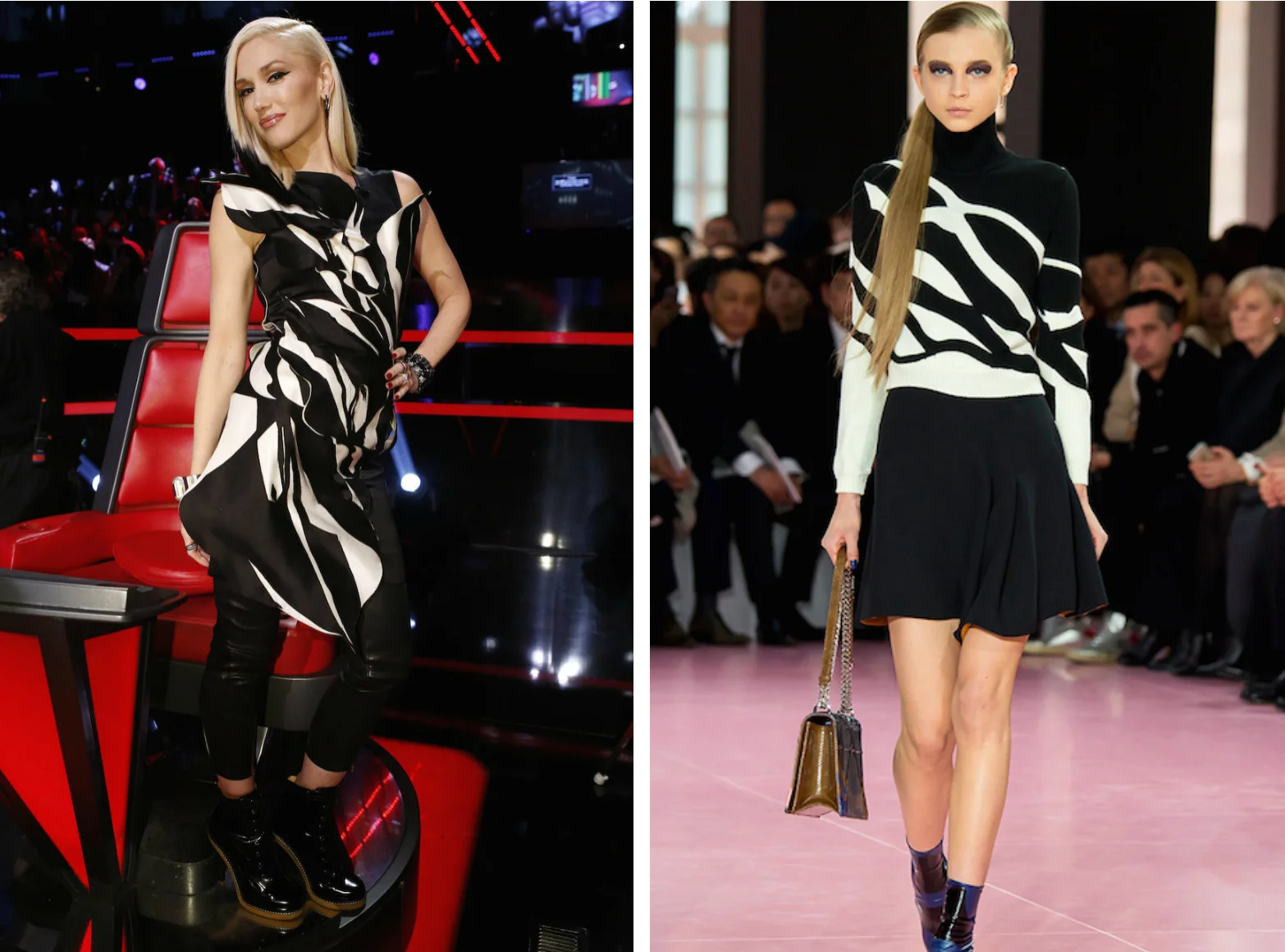 From left to right: Gwen Stefani wearing a black and white patterned tunic, and the Christian Dior Fall 2015 Collection.