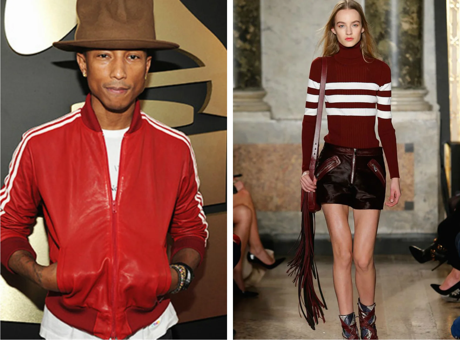 From left to right: Pharrell wearing a red Adidas Jacket, and the Emilo Pucci Fall 2015 Collection.