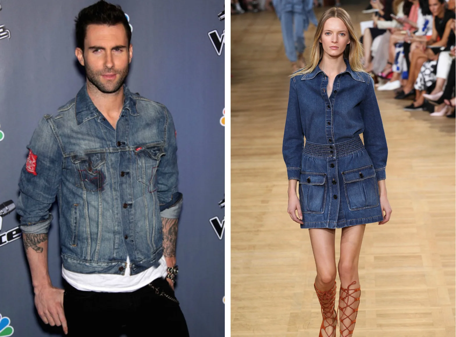 From left to right: Adam Levine wearing a denim jacket , and the Chloé Spring 2015 Collection.