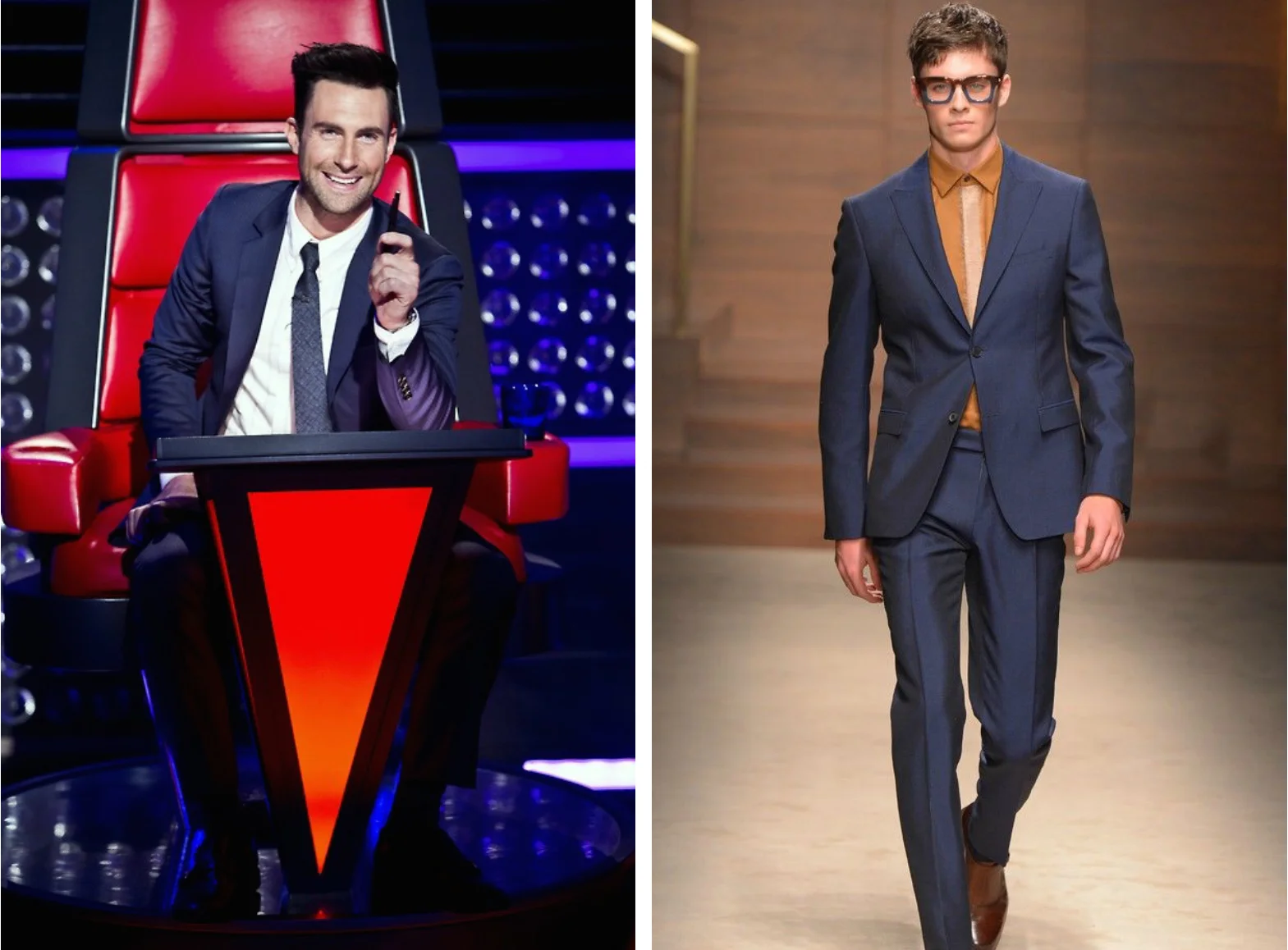 From left to right: Adam Levine wearing a blue suit on set of The Voice, and the Salvatore Ferragamo Fall 2015 Collection.