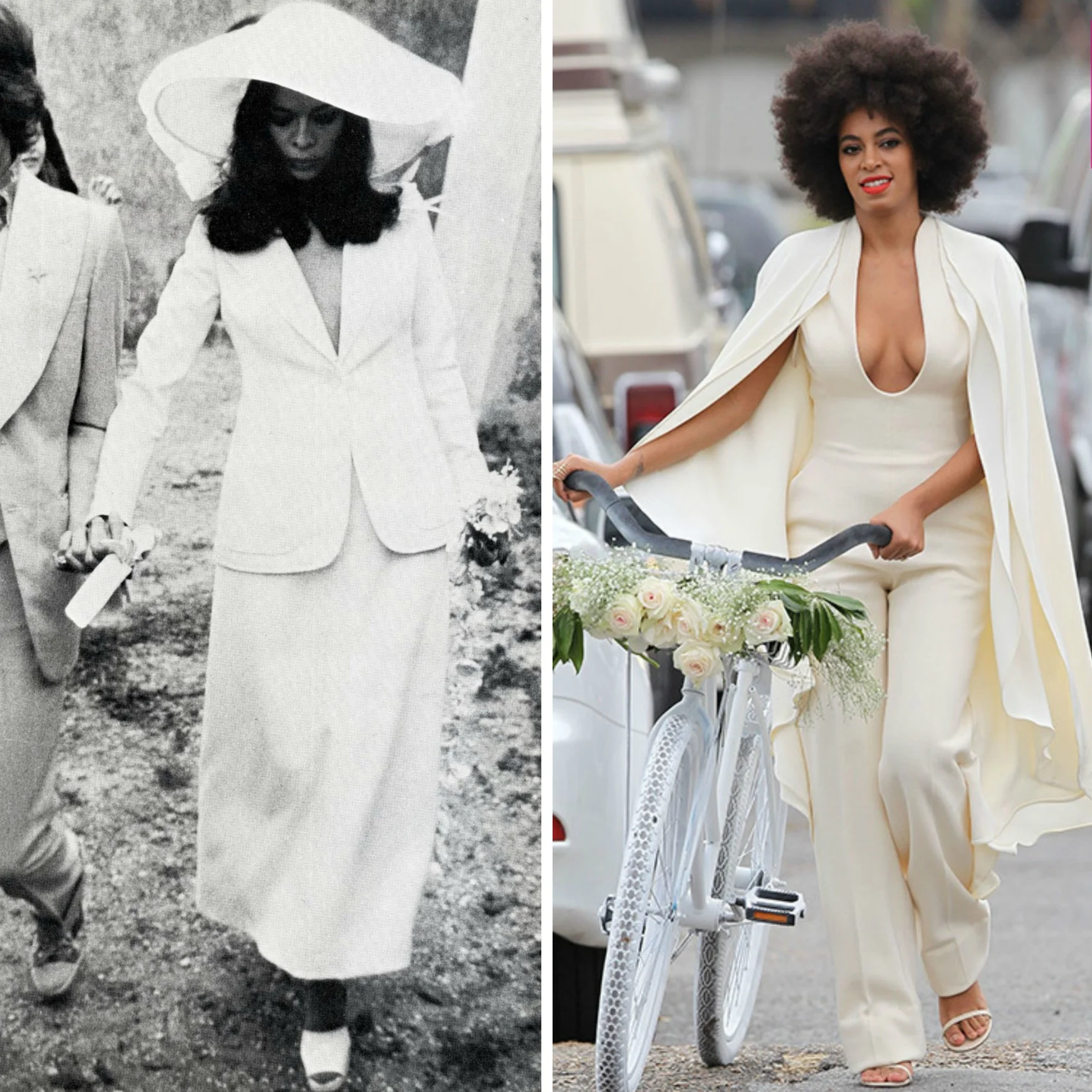 From left to right: Bianca Jagger wearing a YSL Le Smoking Jacket in the 70's, and Solange Knowles leaving her wedding ceremony in a Stéphane Rolland ensemble that's also inspired by men's tailoring.