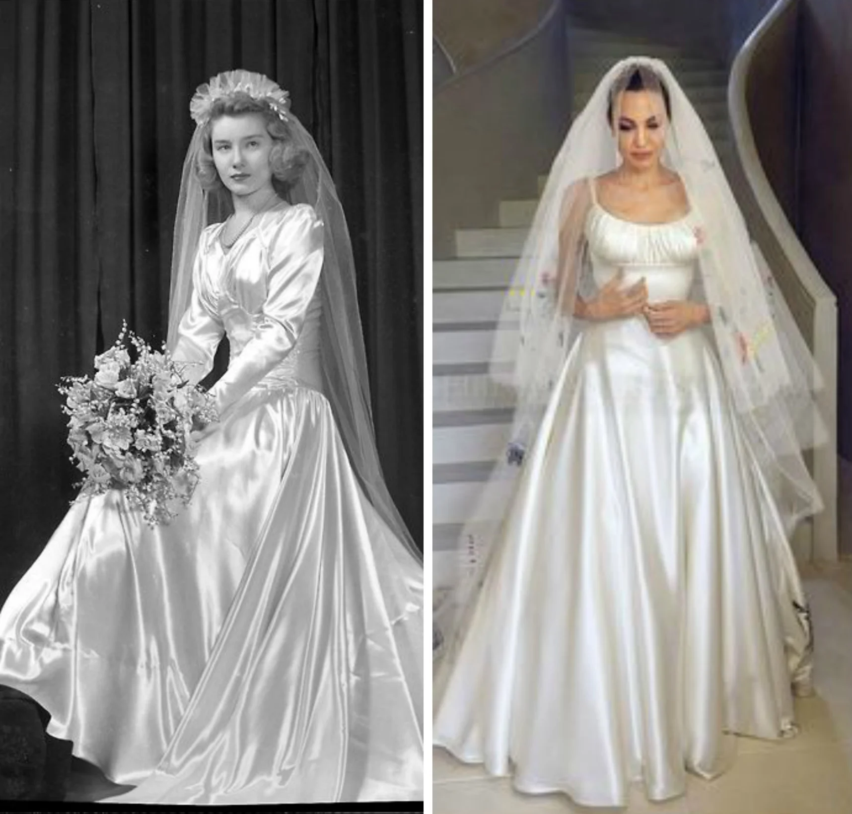 From left to right: 40's Wedding dress with same fabric, fit and bust detail to Angelina Jolie's Versace gown.