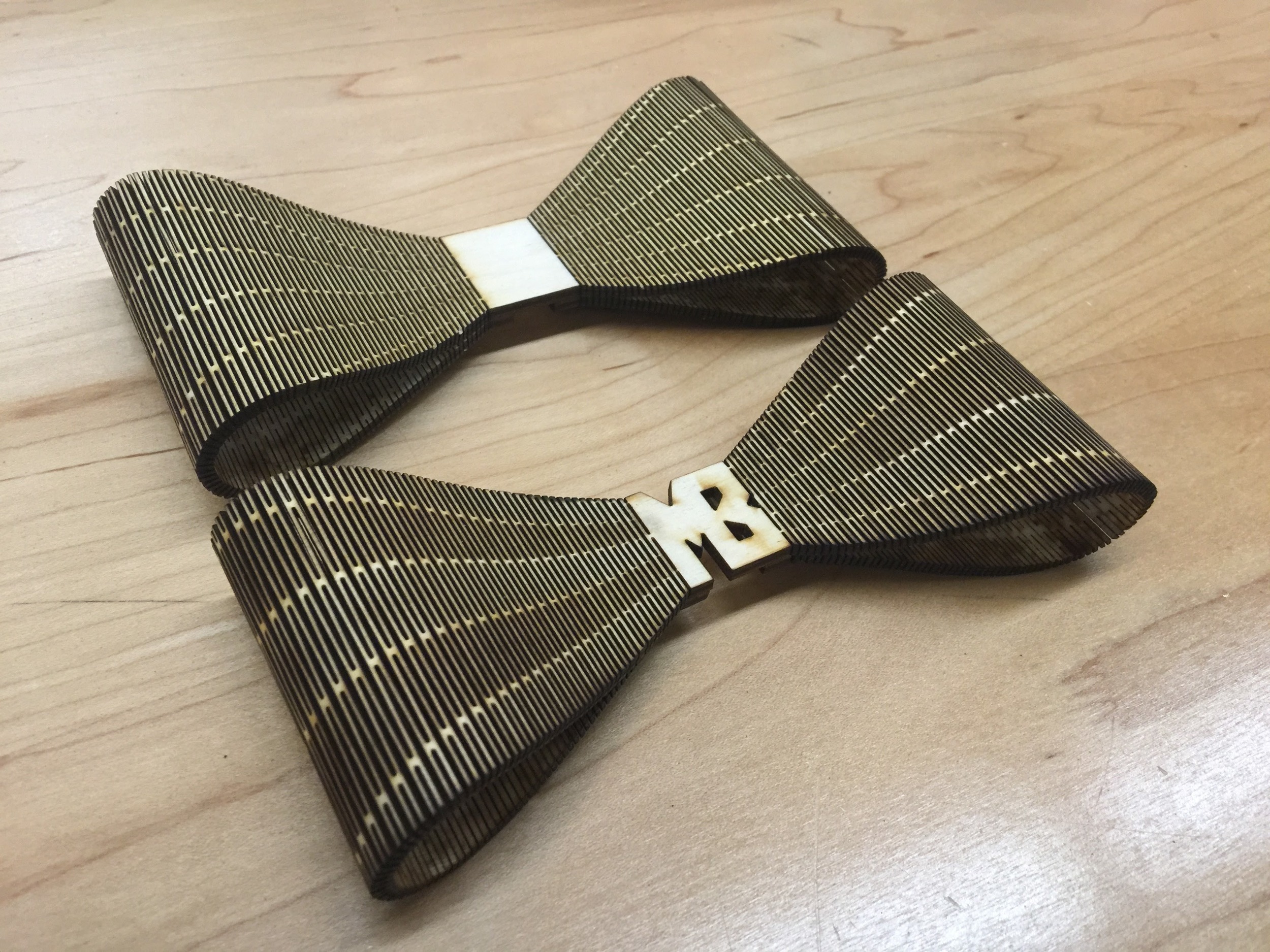 early prototypes of the "living hinge" wood bow tie design