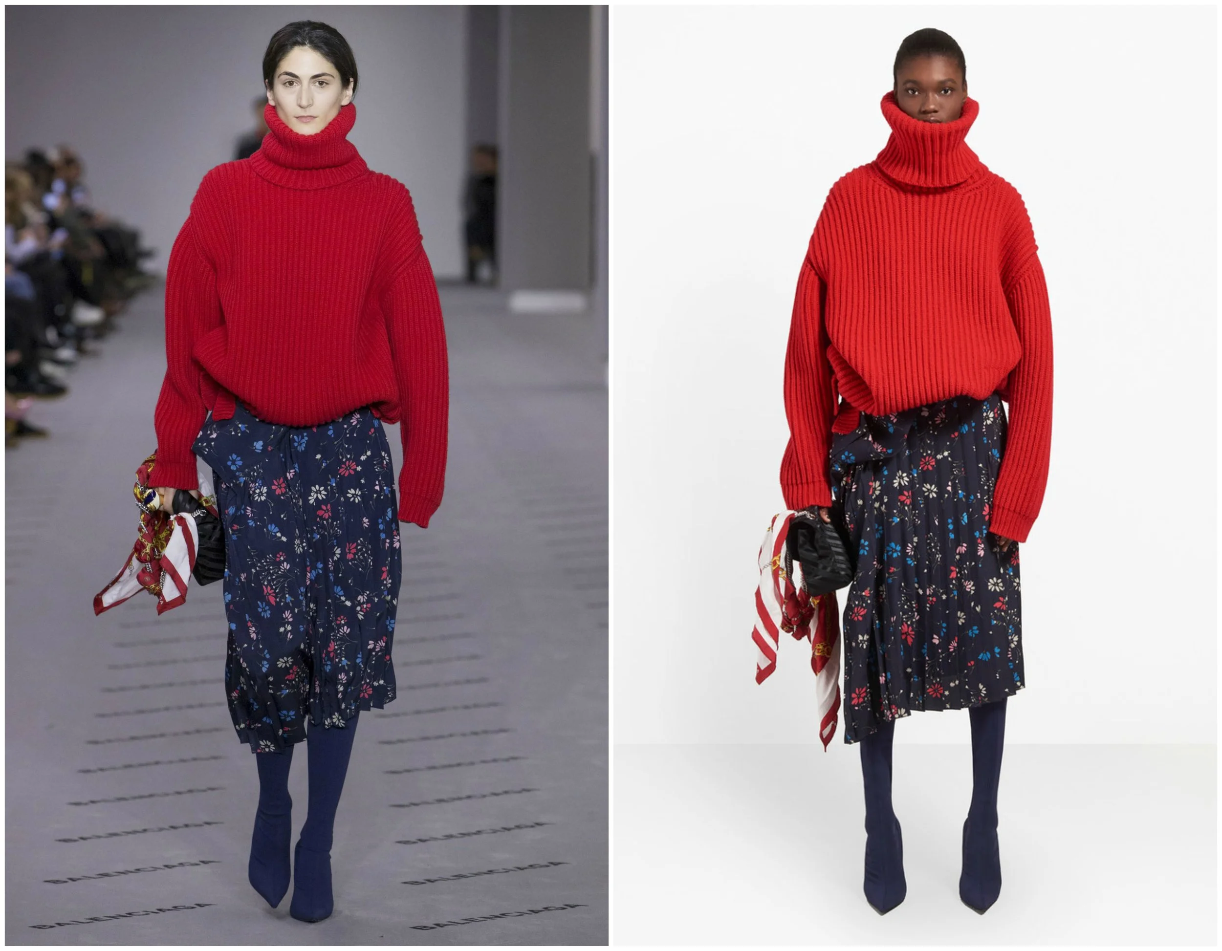 Many times a complete runway look does not become available for purchase. Lucky for us, both the ribbed turtleneck sweater and floral skirt can be found on the Balenciaga website in multiple colors.