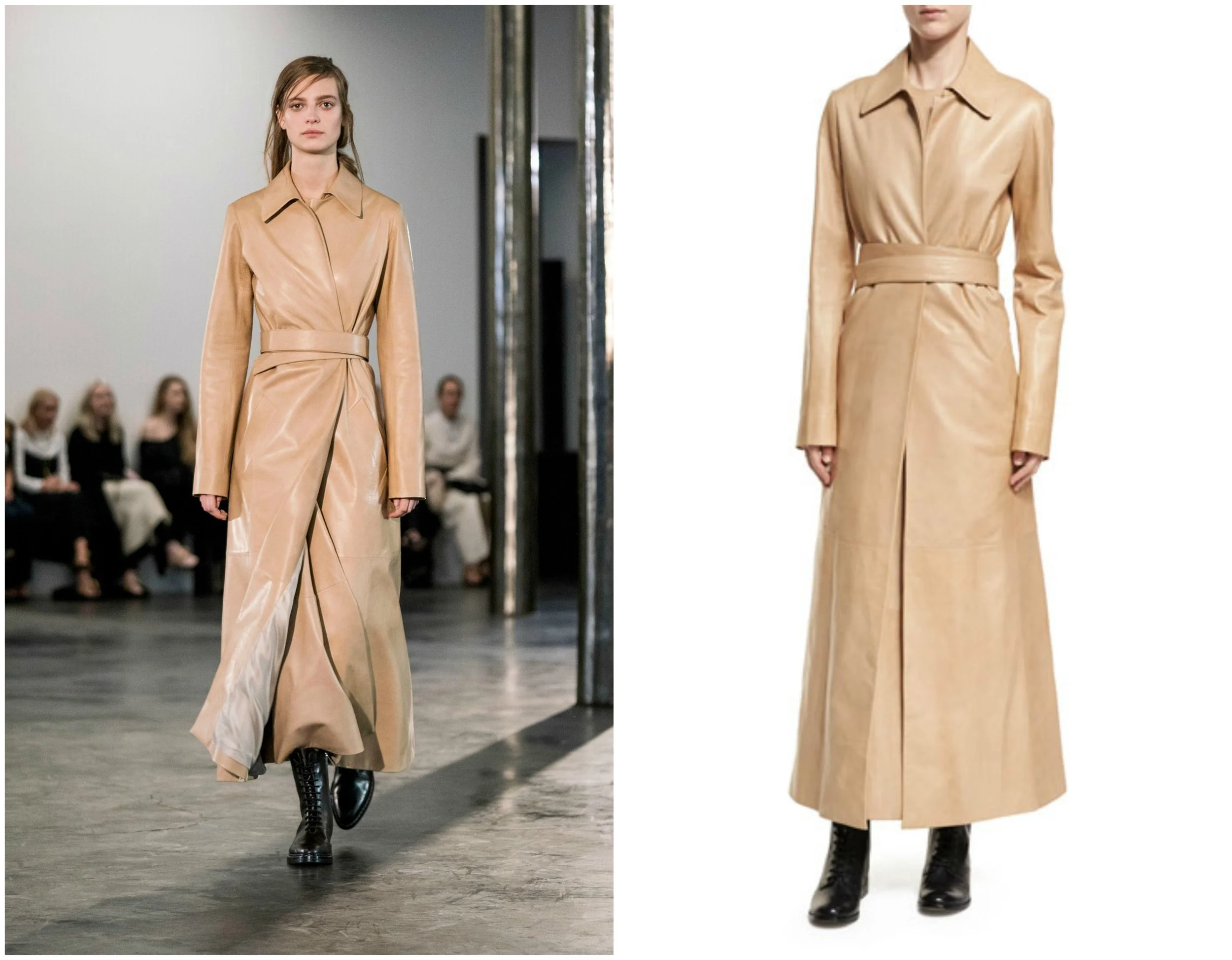 The Olsen twins showcased their simple yet elegant ensembles during The Row’s runway show in February. This Neyton Long Leather Trenchcoat in Sand appears to have not gone under any production changes and can be purchased in the same cut and color.