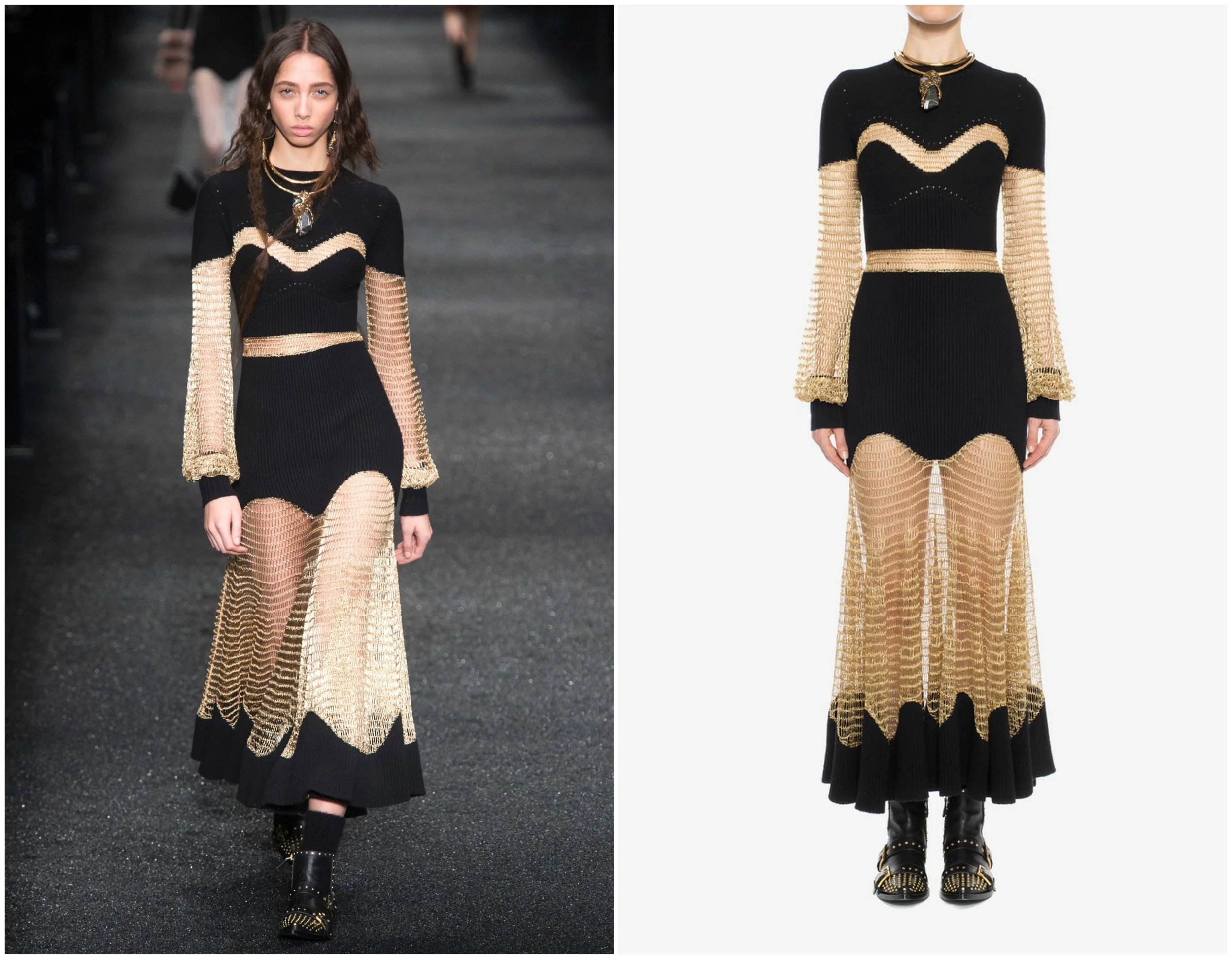 Black and gold together always has a certain richness. In contrast with many sheer pieces, this rockstar dress from Alexander McQueen dodged any production alterations.