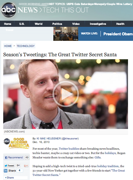 Feature on ABC News http://abcnews.go.com/Technology/seasons-tweetings-great-twitter-secret-santa/story?id=12406068
