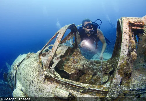 A diver explores a plane wreck in the shallows of Palau.