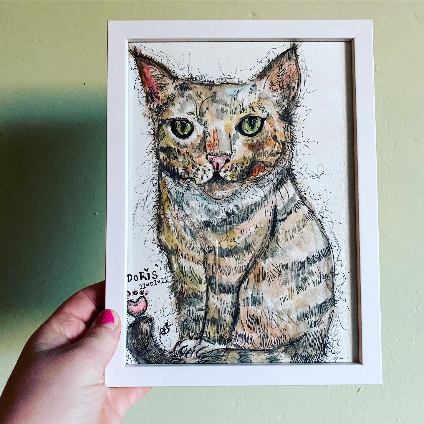 Doris all framed up! 🐱 🐈 🐾... Quirky Pet Portrait. 
.
.
Personal Pet Commissions. 🖌🎨
Inks, Watercolours and Artist Pens 🖊 on A5 Cold Pressed Watercolour Paper. 
#ashebickillustrations #inks #watercolours #artist #illustrator #quirkyanimalseries