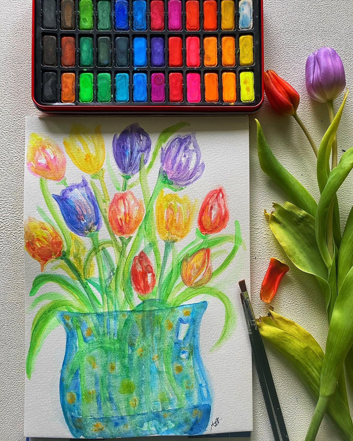 &ldquo;Treasure Tulips&rdquo; (2021) Thoroughly enjoyed painting this watercolour study of my tulip 💐 🌷 bunch. A splash of colour to make your Wednesday! 💕
.
.
 #watercolours #ashebickillustrations #quirkyart #tulips #tulippainting #artist #illust