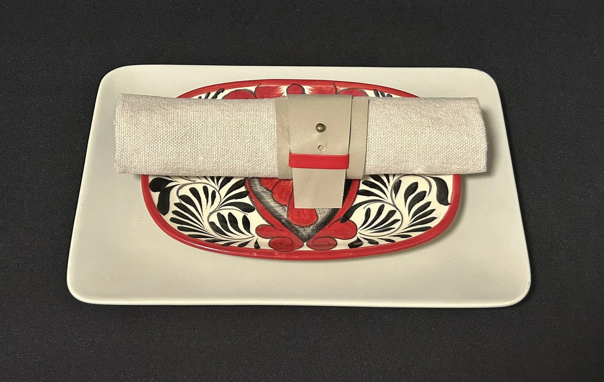 (4 Pack) Italian Leather Napkin Ring with Red Detail