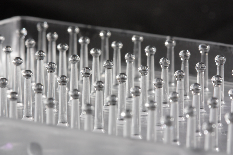 The AIM Lid with cell-containing hydrogel droplets securely anchored to posts for quick and easy medium changes or removal of cells for other purposes.