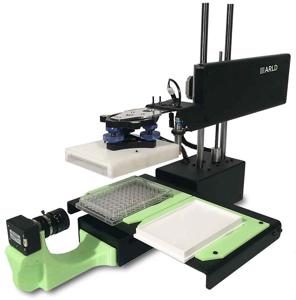 ARLD's low-cost dispensing robot can load an AIM Lid with cell-containing gel droplets in seconds, or this can be done with conventional high-throughput plate handling equipment.