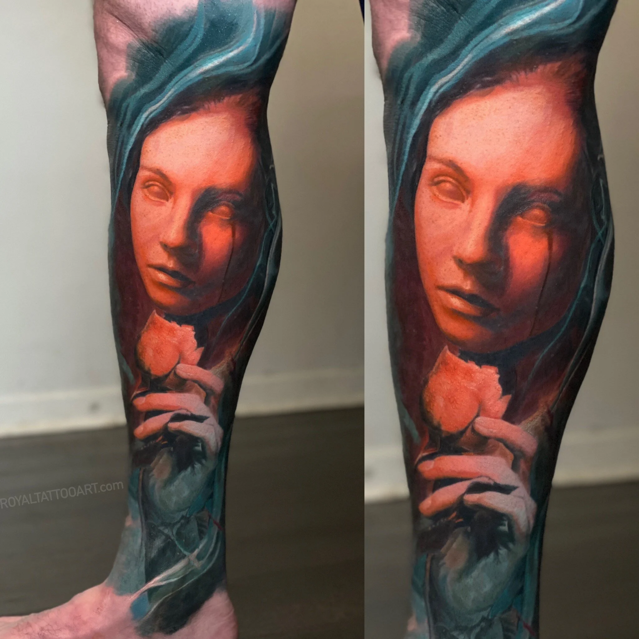 Matching leg tattoos featuring ethereal female faces surrounded by flowing teal hair and warm coral hues, executed in expressive color realism.