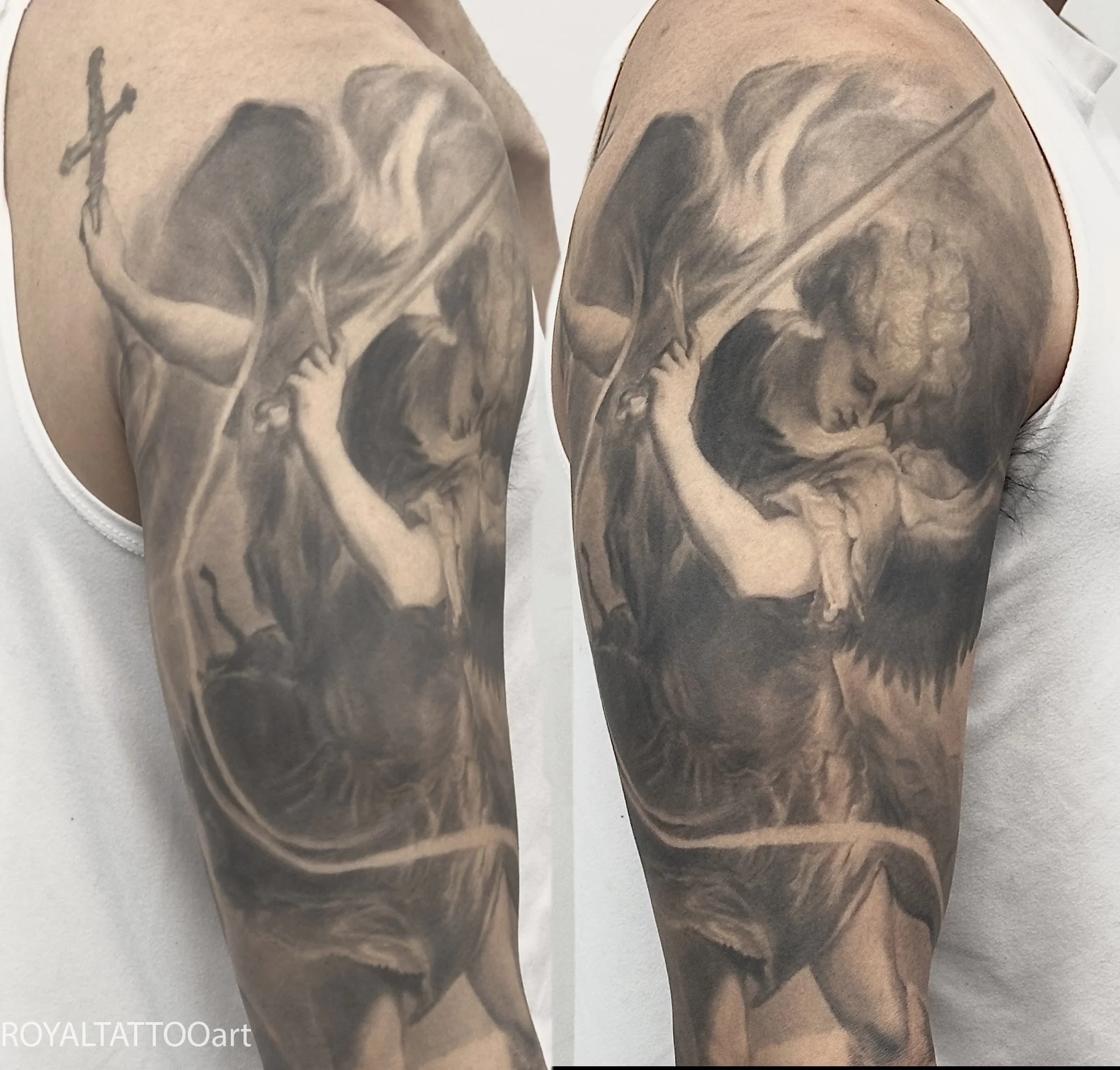 Saint Michael Archangel Black and Grey Sleeve Tattoo – A dramatic full sleeve tattoo depicting Saint Michael the Archangel in black and grey realism. Features intricate detail in the armor, wings, and fallen figure, showcasing masterful shading by Ro