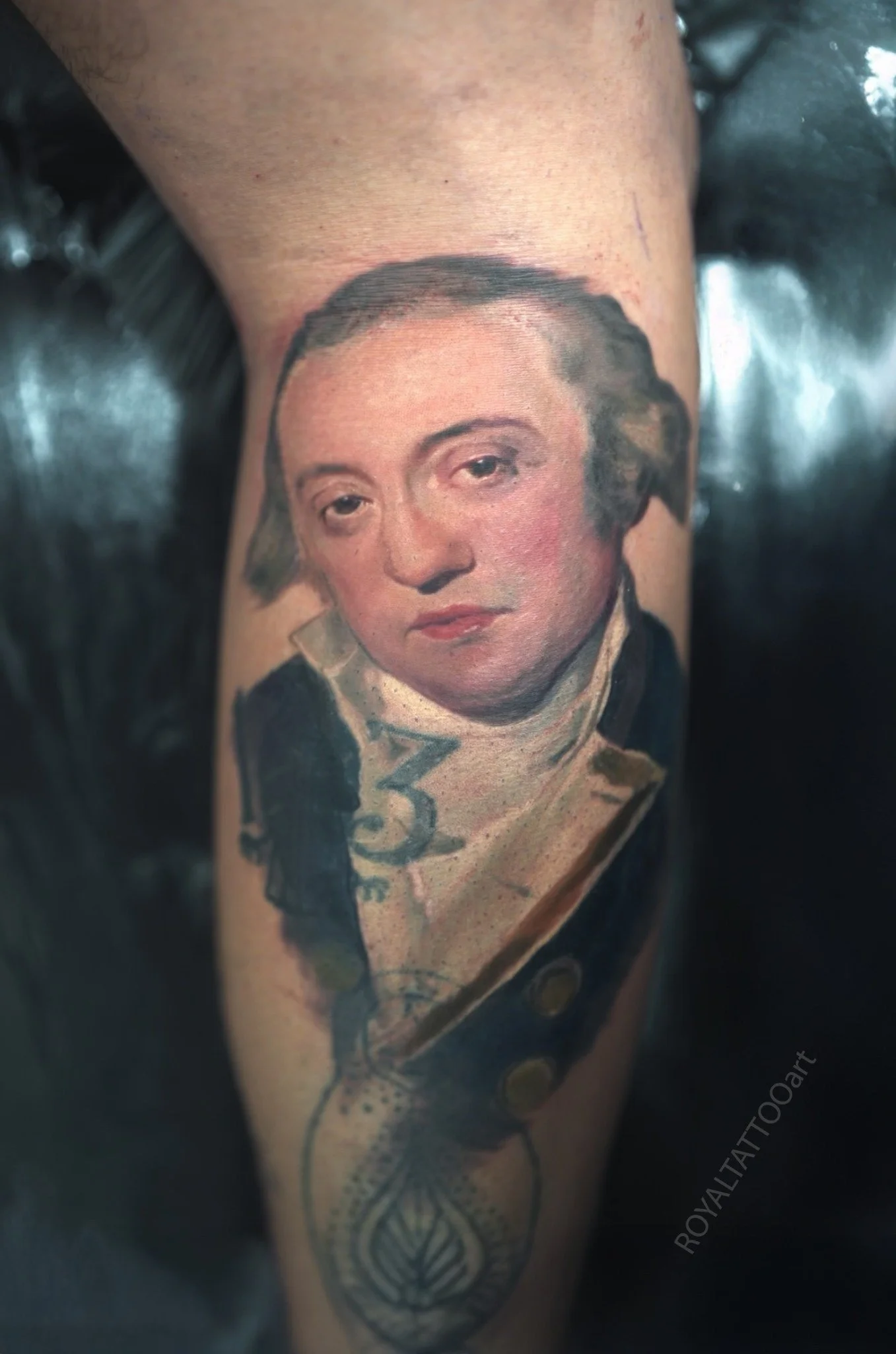 Painterly portrait realism tattoo done in NYC by Royal Tattoo Art. Inspired by classical oil painting techniques, this portrait tattoo features rich tonal depth and soft brushstroke aesthetics translated into stunning body art.