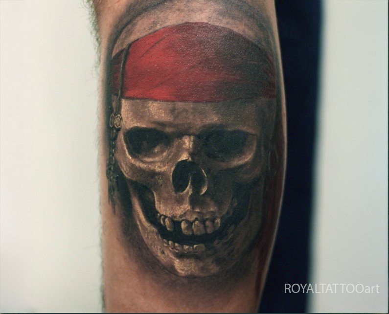 Black and grey skull realism tattoo with detailed bone texture, strong contrast, and realistic shading by Royal Jafarov in Manhattan.