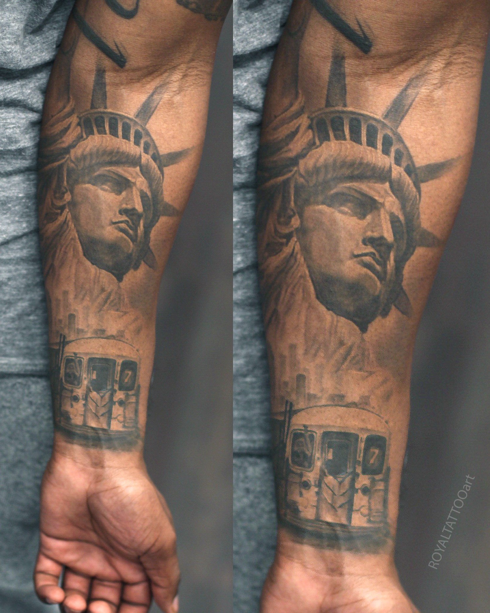 Black and grey realism tattoo featuring the Statue of Liberty and NYC subway, part of a New York themed sleeve by Royal Tattoo Art.