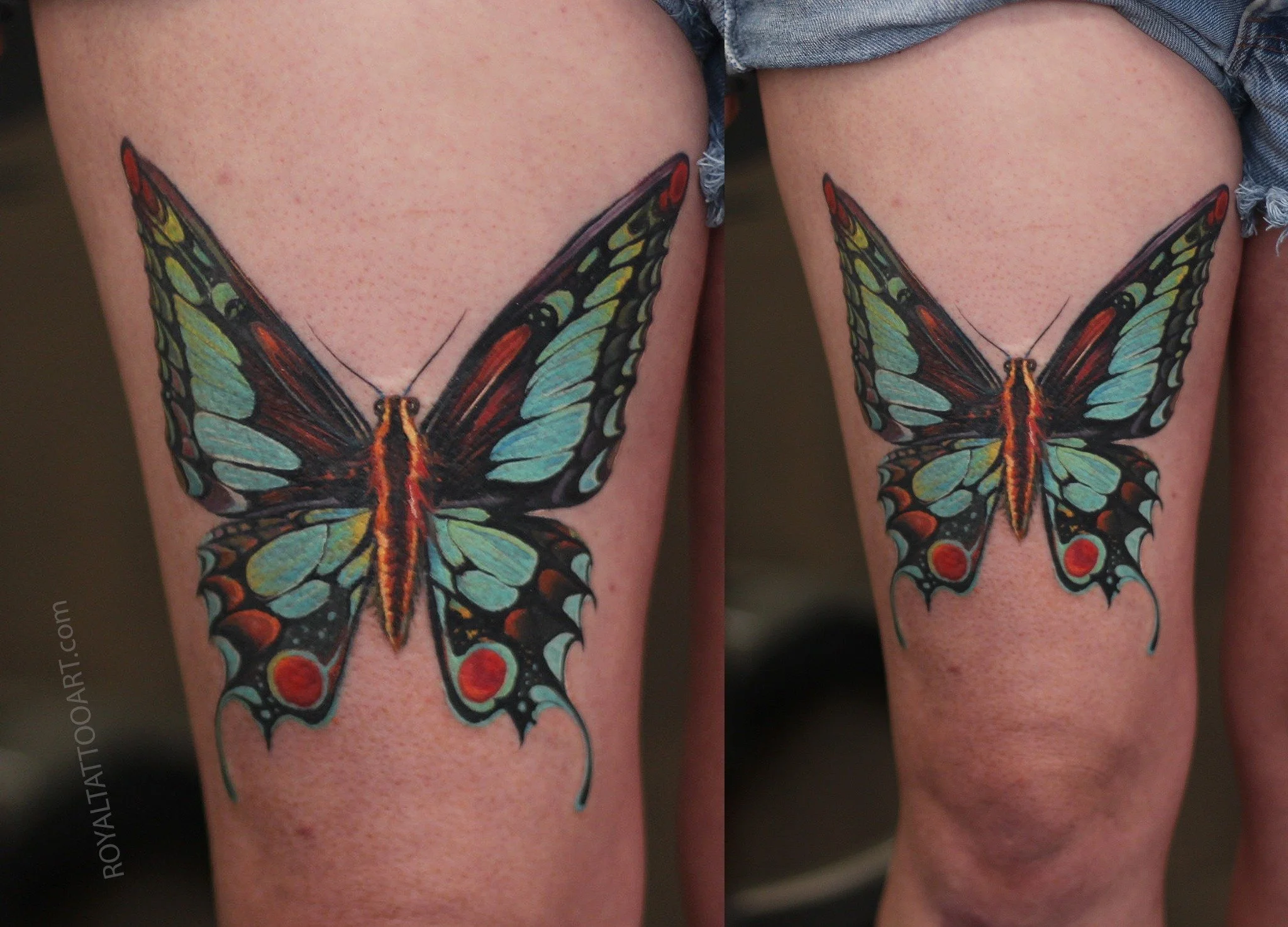 Twin realistic color butterfly tattoos on each thigh display intricate wing patterns and vibrant hues, creating a harmonious composition.