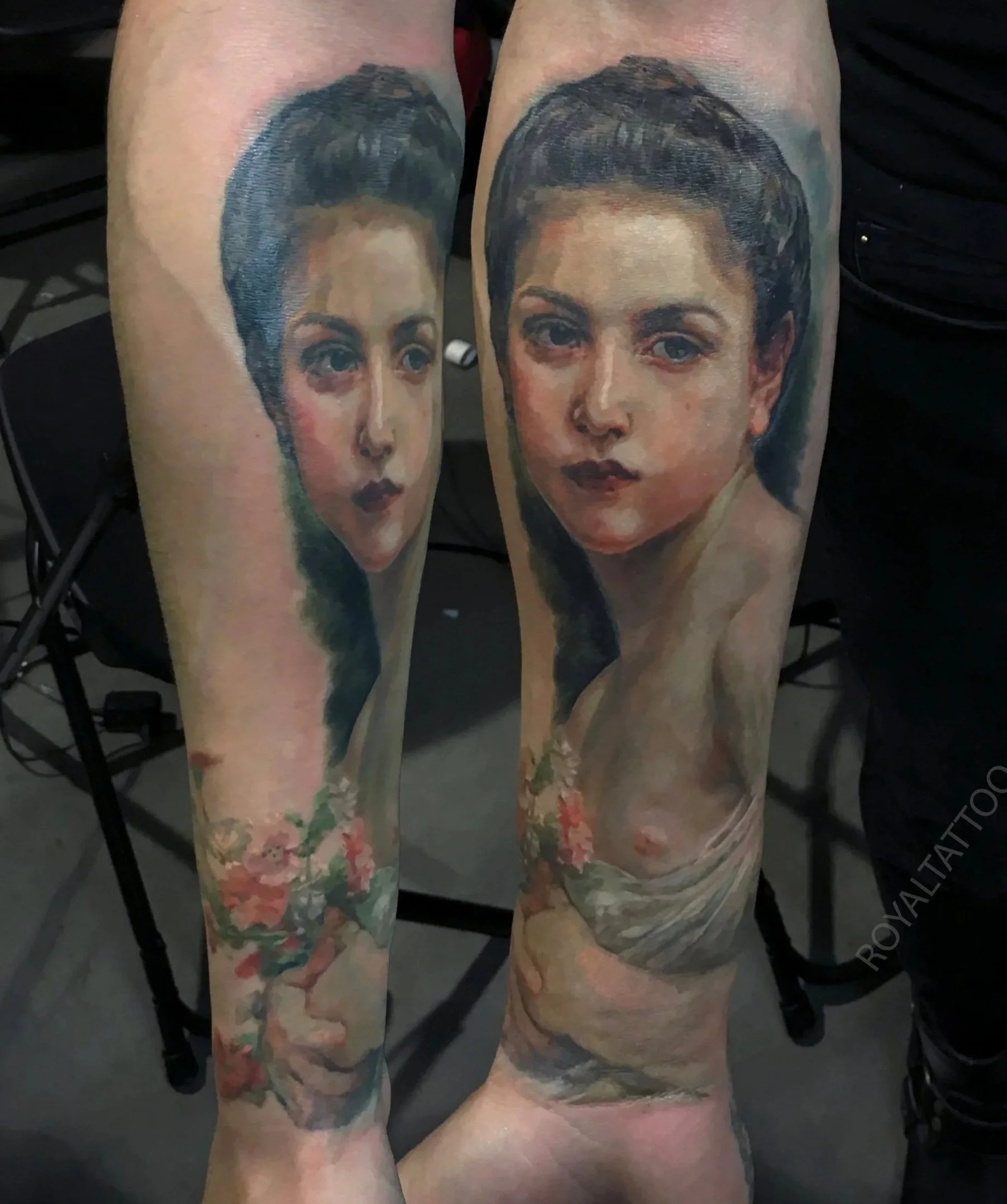 Fine art classical painting realism tattoo inspired by Renaissance and Baroque masters, created in NYC. Royal Tattoo Art translates the timeless beauty of classical portraiture onto skin, with rich detail and masterful color that evokes the atmospher