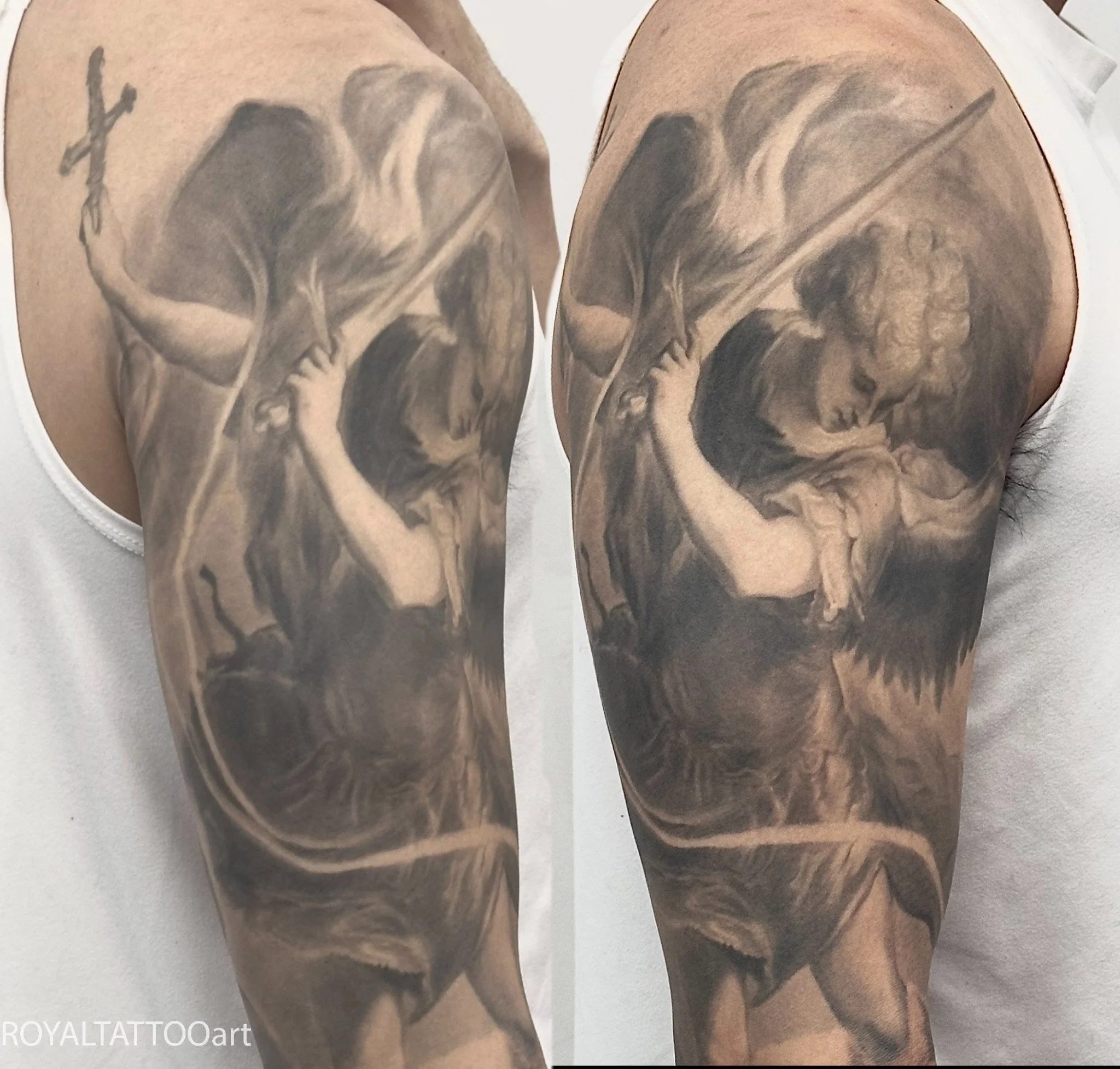 Black and grey guardian angel realism tattoo on the upper arm, featuring detailed shading, soft contrast, and religious imagery by Royal Jafarov in NYC.
