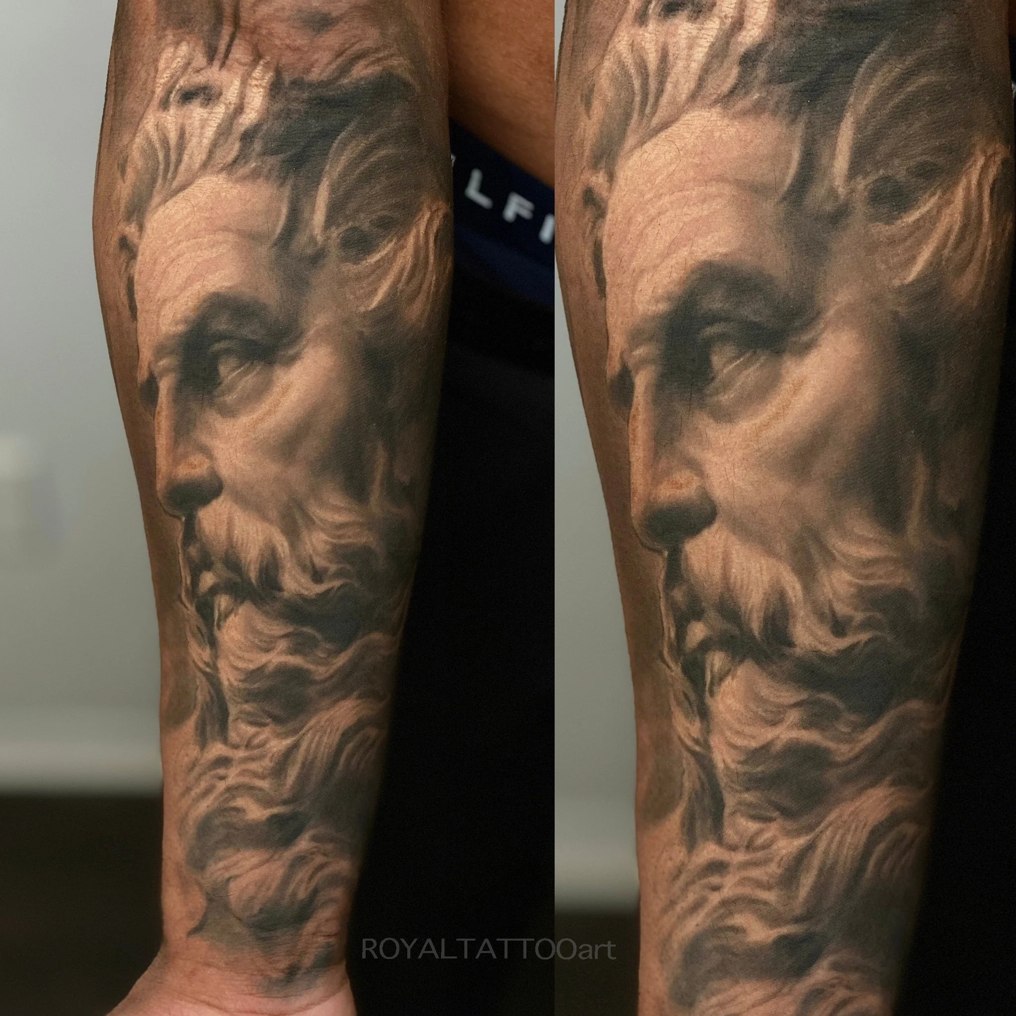 Black and grey portrait tattoos of Zeus on forearms, featuring powerful shading and sculptural detail by Royal Tattoo Art in NYC