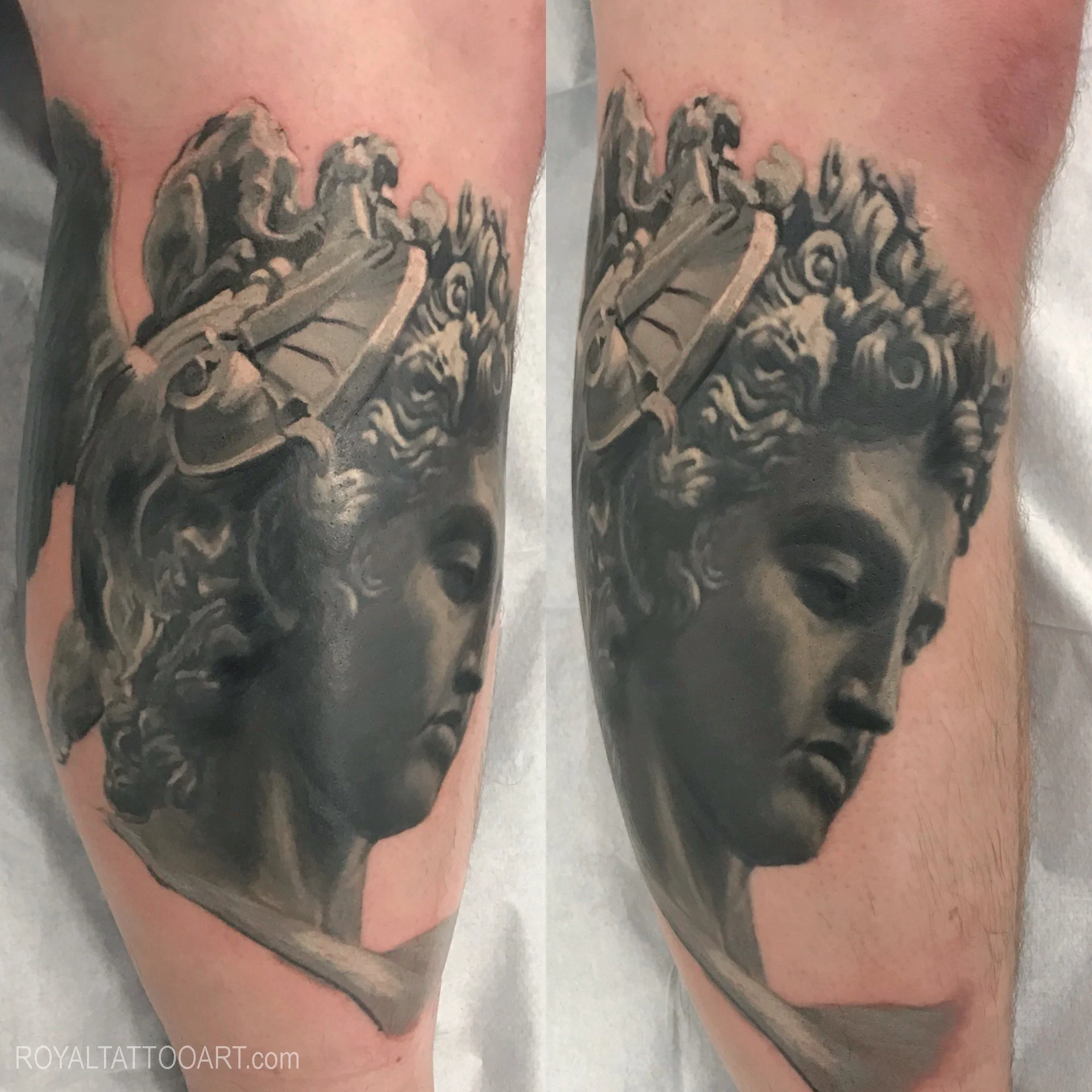 Black and grey Perseus mythology realism tattoo, inspired by classical sculpture with detailed helmet, shadows, and fine art shading by Royal Jafarov in NYC.