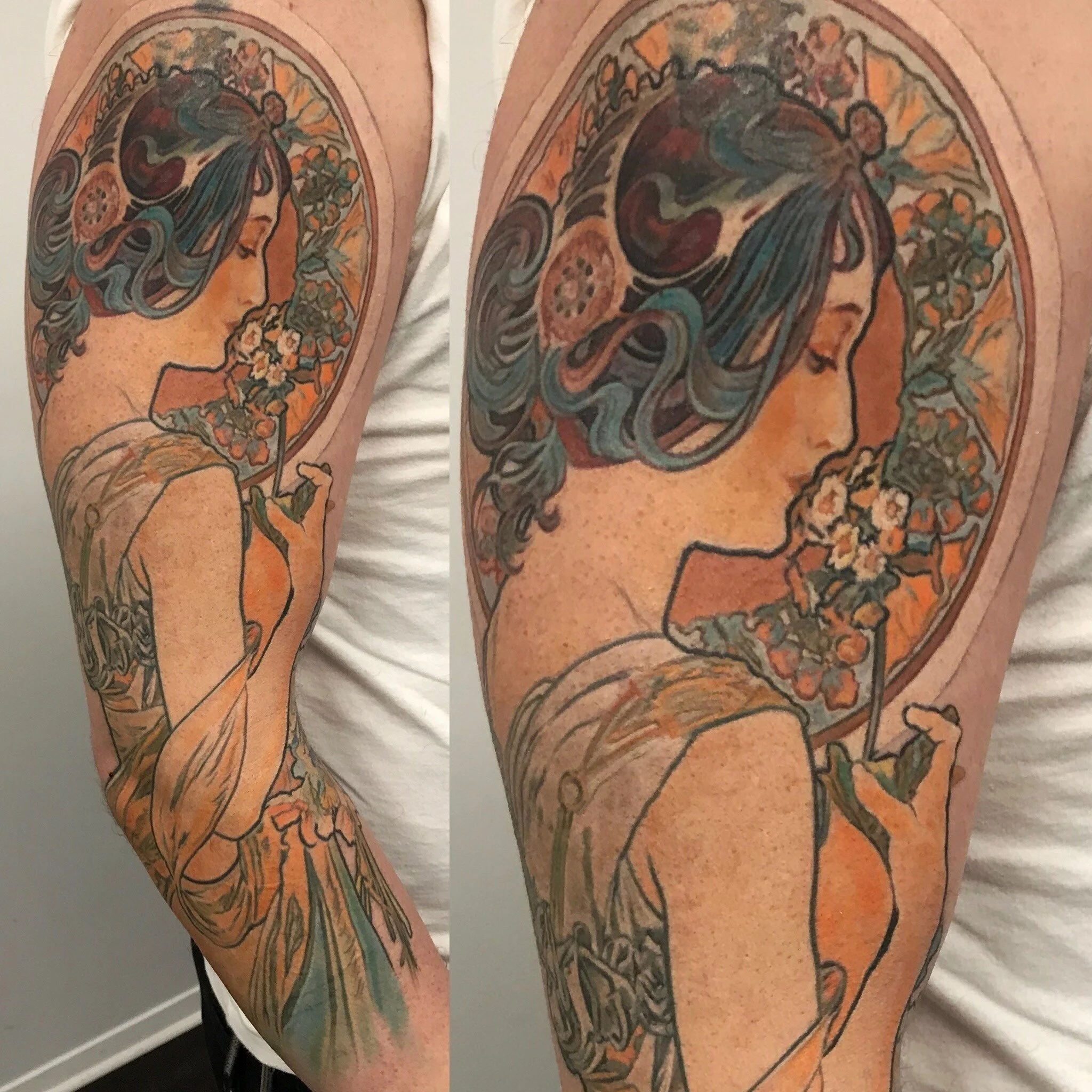 Gorgeous Art Nouveau floral woman fine art realism tattoo, created in NYC. Royal Tattoo Art recreates the ornamental femininity and botanical elegance of Alphonse Mucha's iconic Art Nouveau style in rich, detailed color realism.